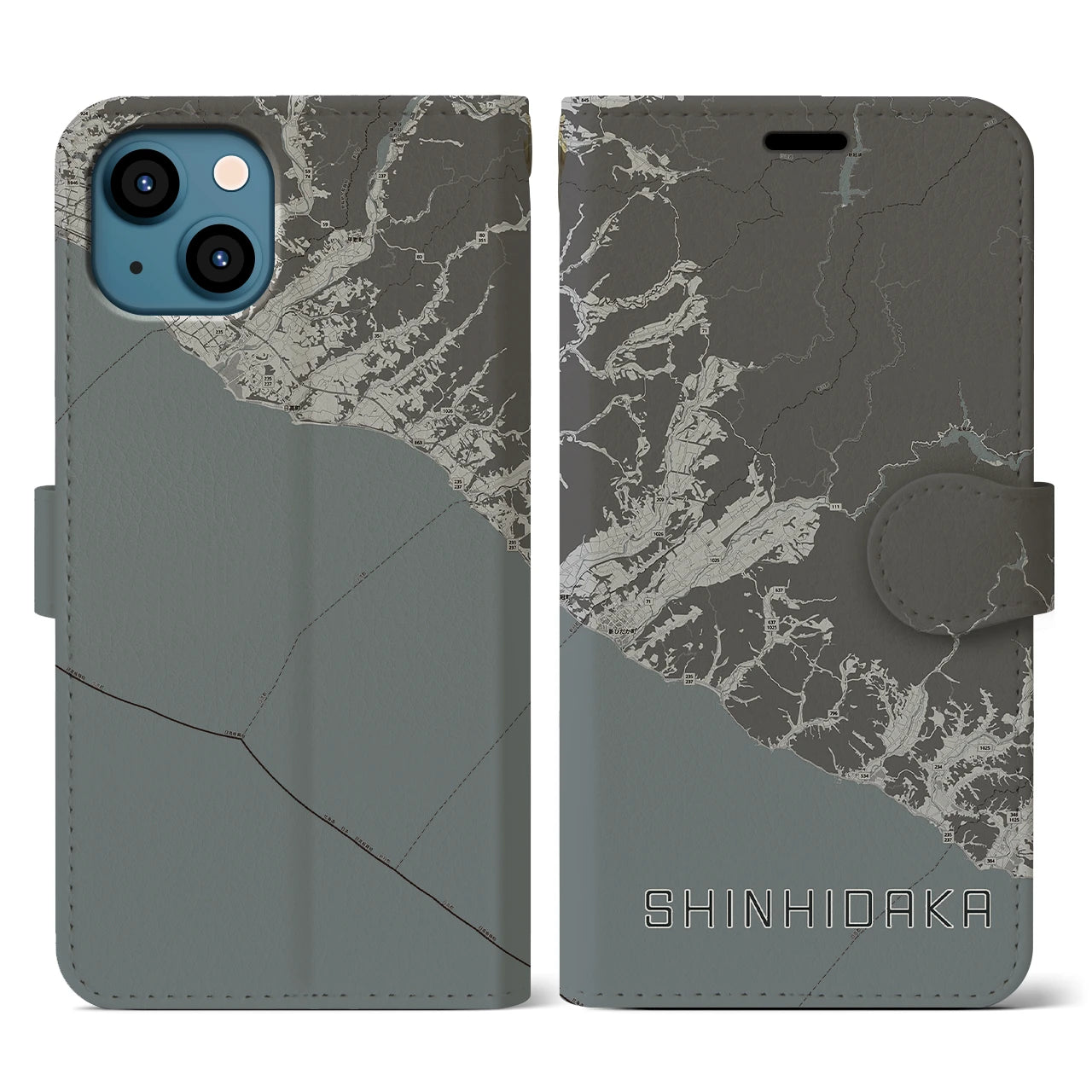 【新ひだか(北海道)】地図柄iPhoneケース(手帳タイプ)モノトーン・iPhone 13 用
