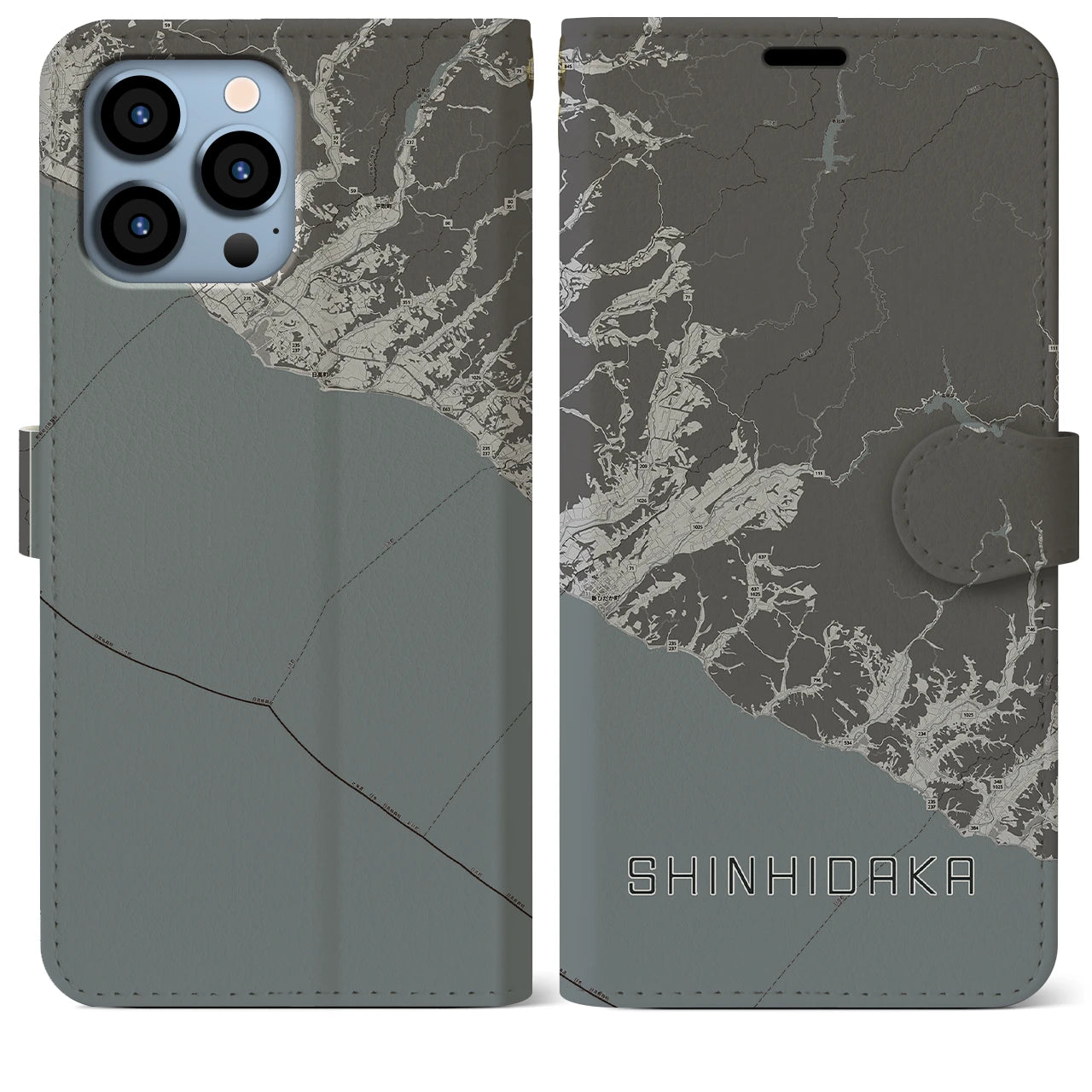 【新ひだか(北海道)】地図柄iPhoneケース(手帳タイプ)モノトーン・iPhone 13 Pro Max 用