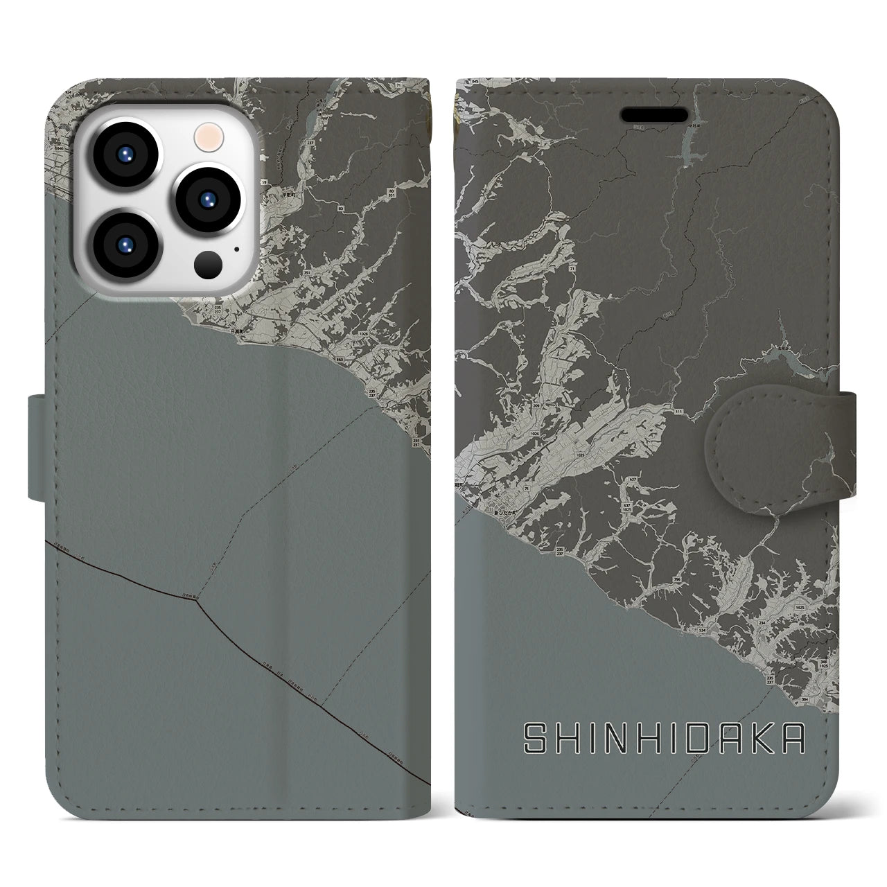 【新ひだか(北海道)】地図柄iPhoneケース(手帳タイプ)モノトーン・iPhone 13 Pro 用