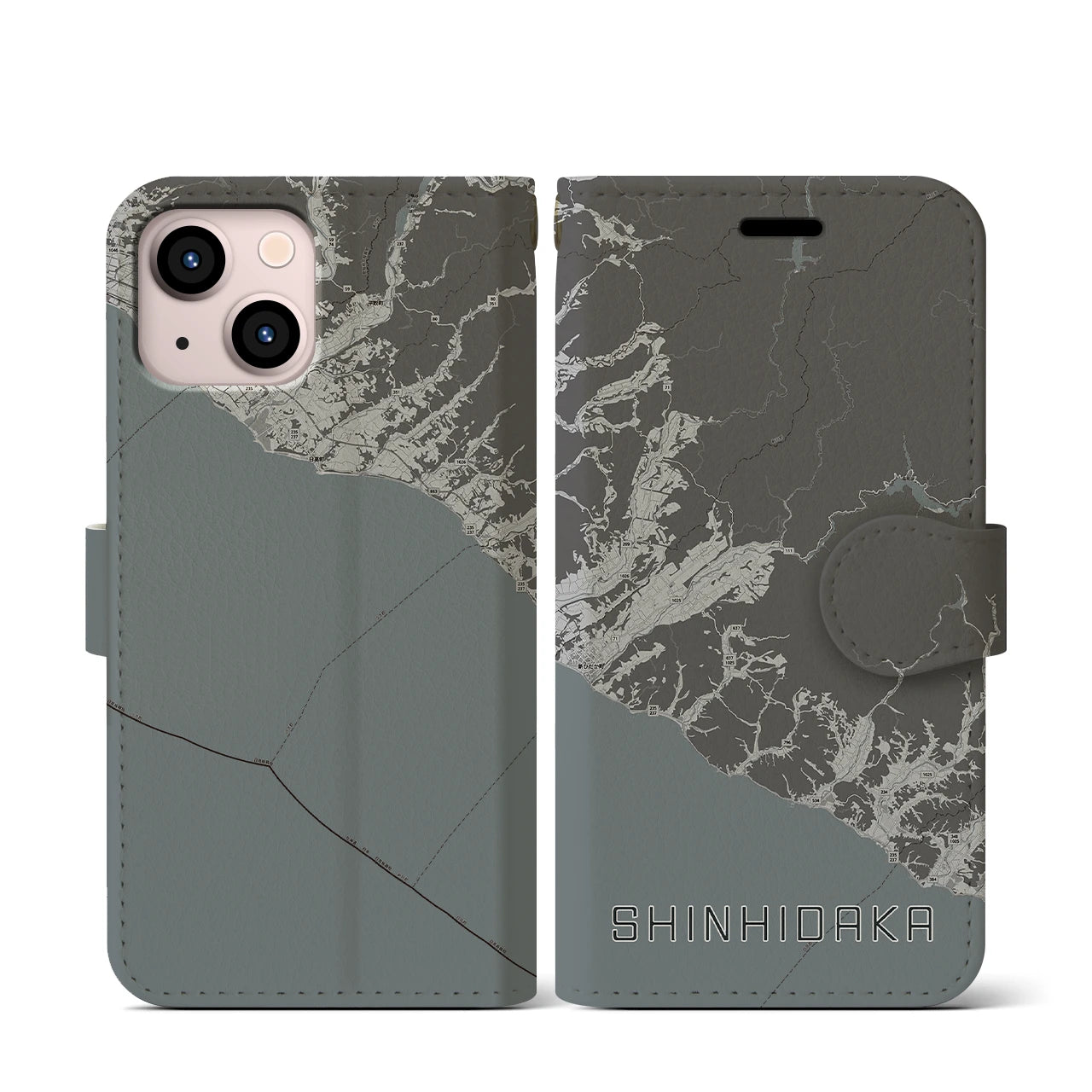 【新ひだか(北海道)】地図柄iPhoneケース(手帳タイプ)モノトーン・iPhone 13 mini 用