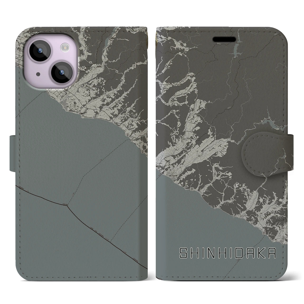【新ひだか(北海道)】地図柄iPhoneケース(手帳タイプ)モノトーン・iPhone 14 用