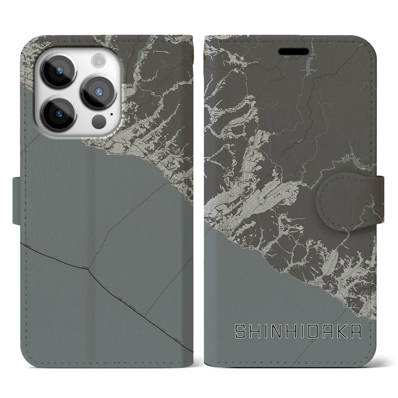 【新ひだか(北海道)】地図柄iPhoneケース(手帳タイプ)モノトーン・iPhone 14 Pro 用