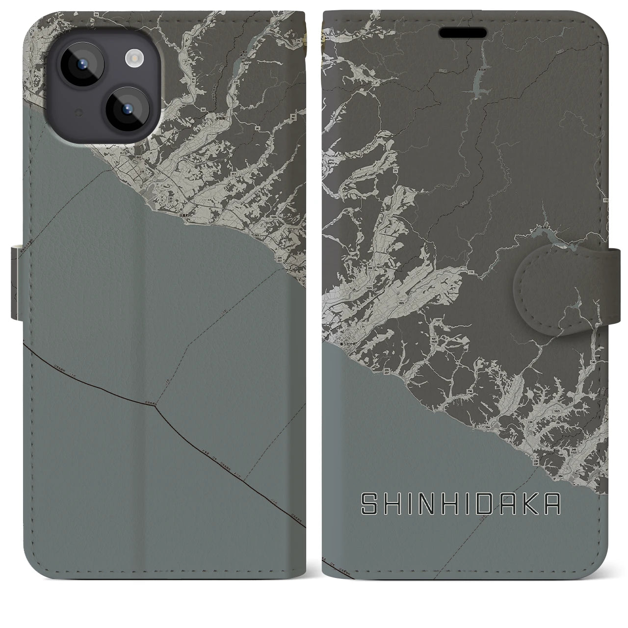 【新ひだか(北海道)】地図柄iPhoneケース(手帳タイプ)モノトーン・iPhone 14 Plus 用