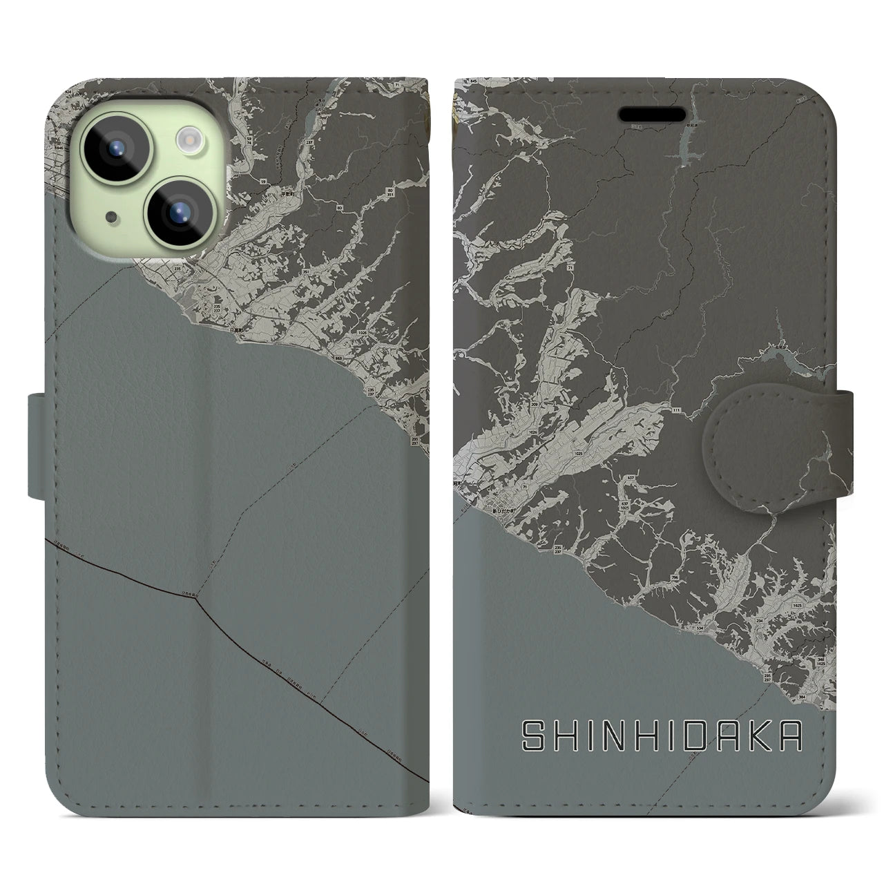 【新ひだか(北海道)】地図柄iPhoneケース(手帳タイプ)モノトーン・iPhone 15 用