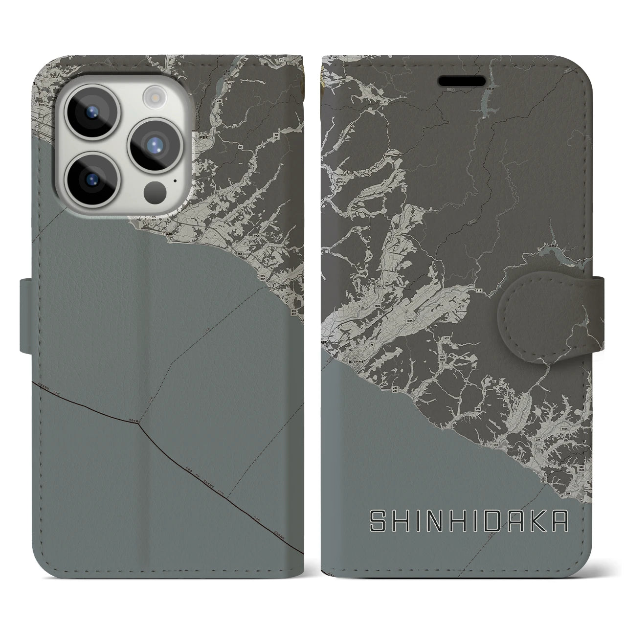 【新ひだか(北海道)】地図柄iPhoneケース(手帳タイプ)モノトーン・iPhone 15 Pro 用