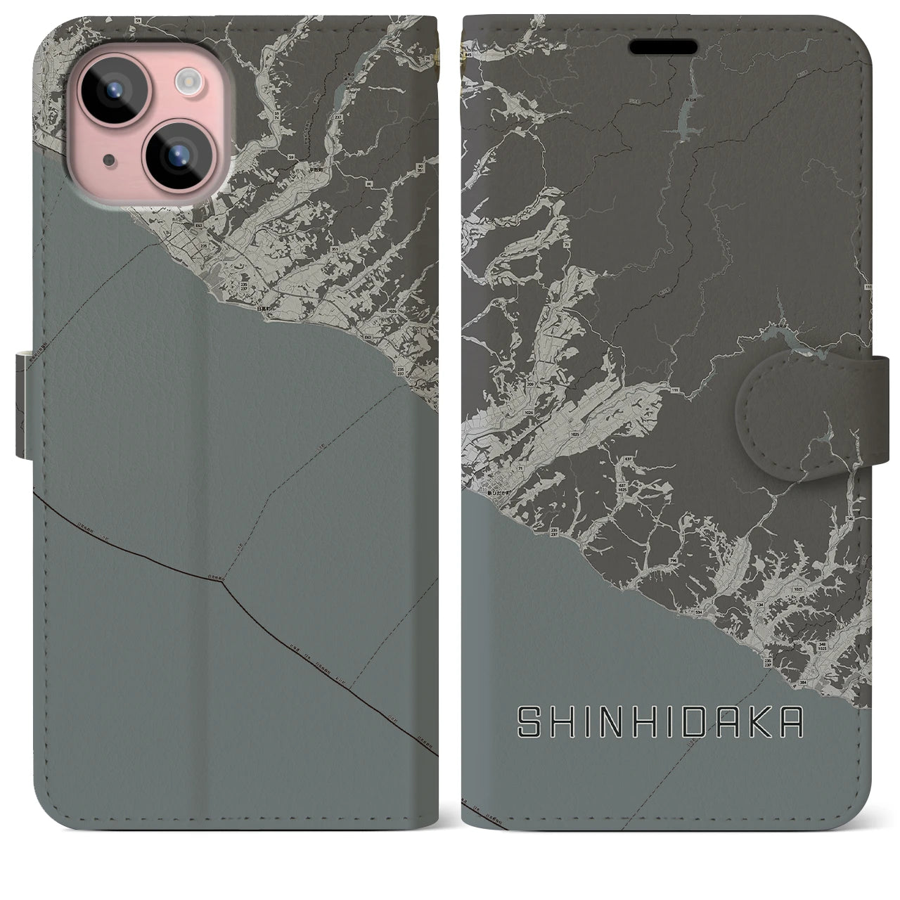 【新ひだか(北海道)】地図柄iPhoneケース(手帳タイプ)モノトーン・iPhone 15 Plus 用