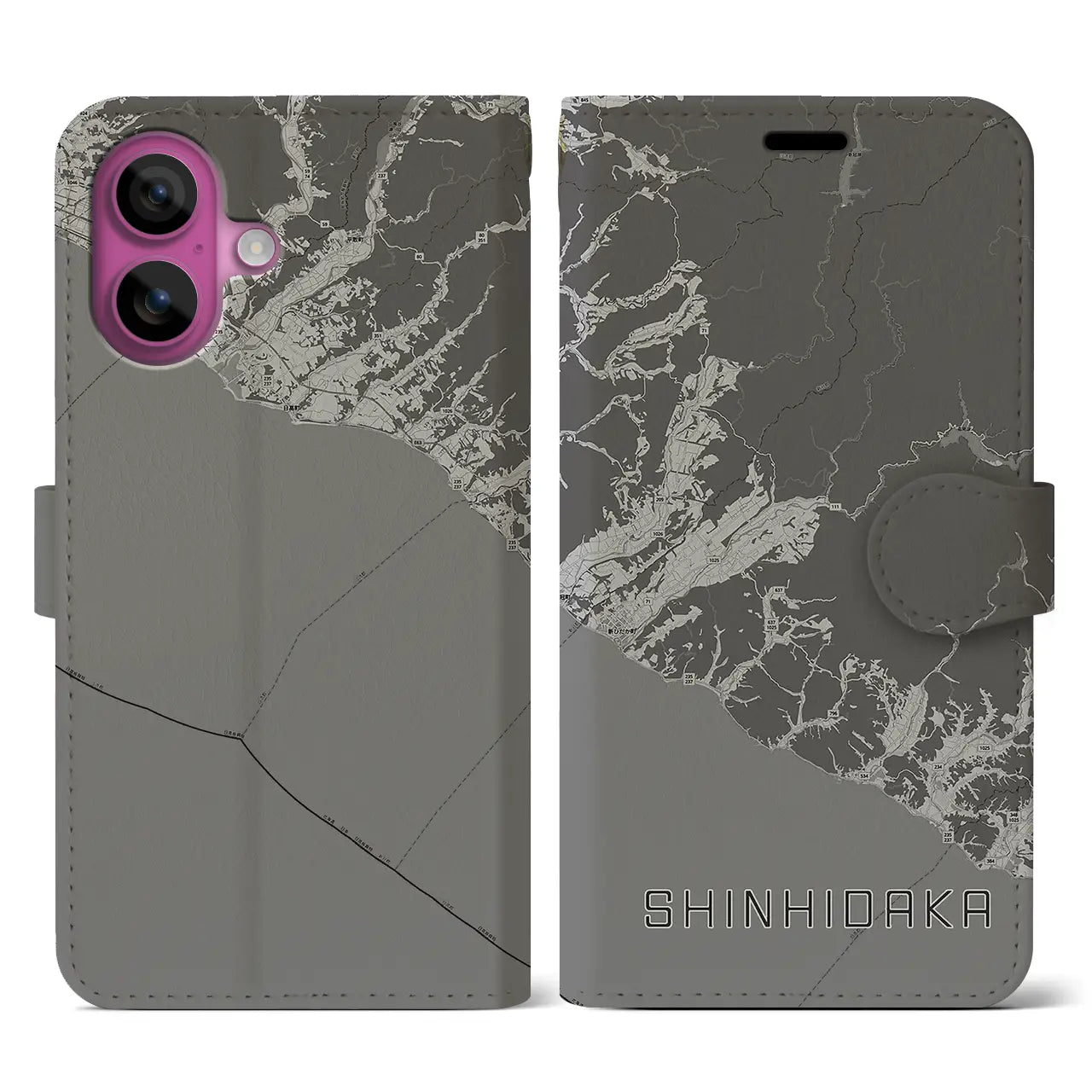 【新ひだか(北海道)】地図柄iPhoneケース(手帳タイプ)モノトーン・iPhone 16 Pro 用