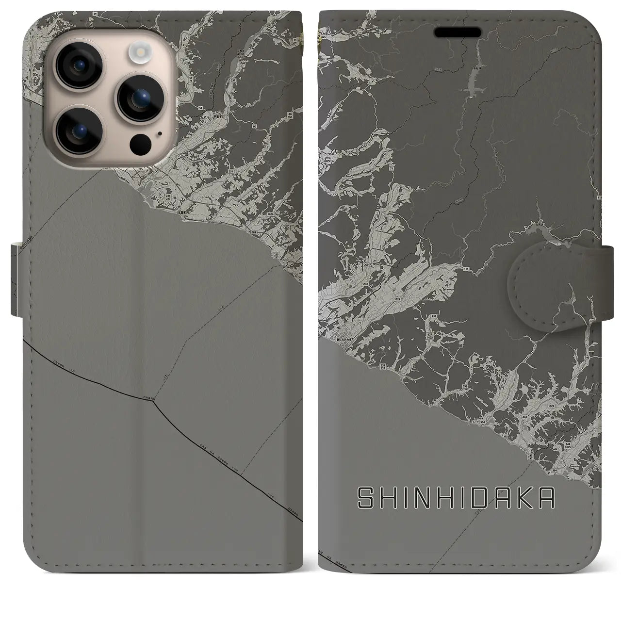 【新ひだか(北海道)】地図柄iPhoneケース(手帳タイプ)モノトーン・iPhone 16 Plus 用