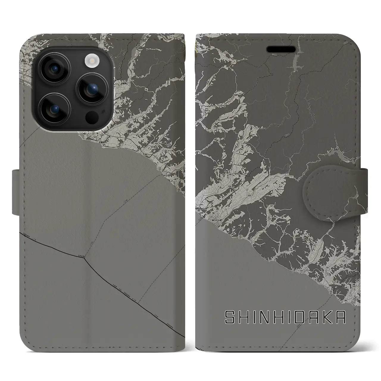 【新ひだか(北海道)】地図柄iPhoneケース(手帳タイプ)モノトーン・iPhone 16 用