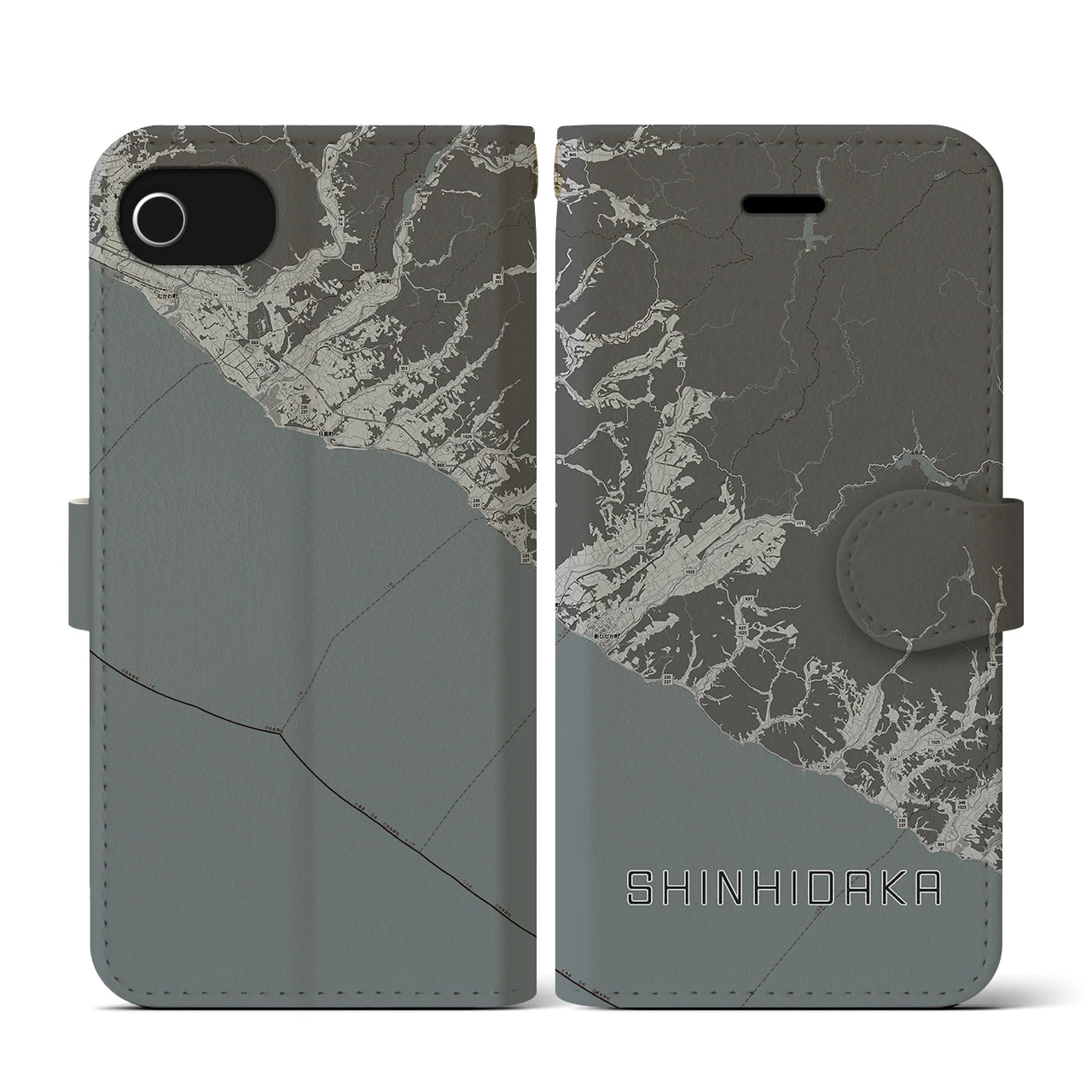 【新ひだか(北海道)】地図柄iPhoneケース(手帳タイプ)モノトーン・iPhone SE(第3 / 第2世代) / 8 / 7 / 6s / 6 用