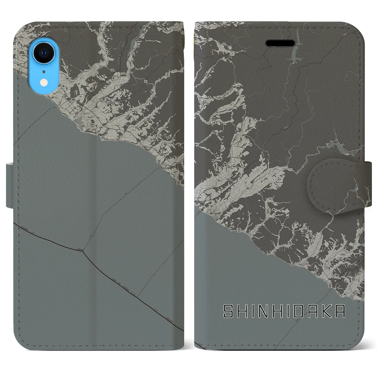【新ひだか(北海道)】地図柄iPhoneケース(手帳タイプ)モノトーン・iPhone XR 用
