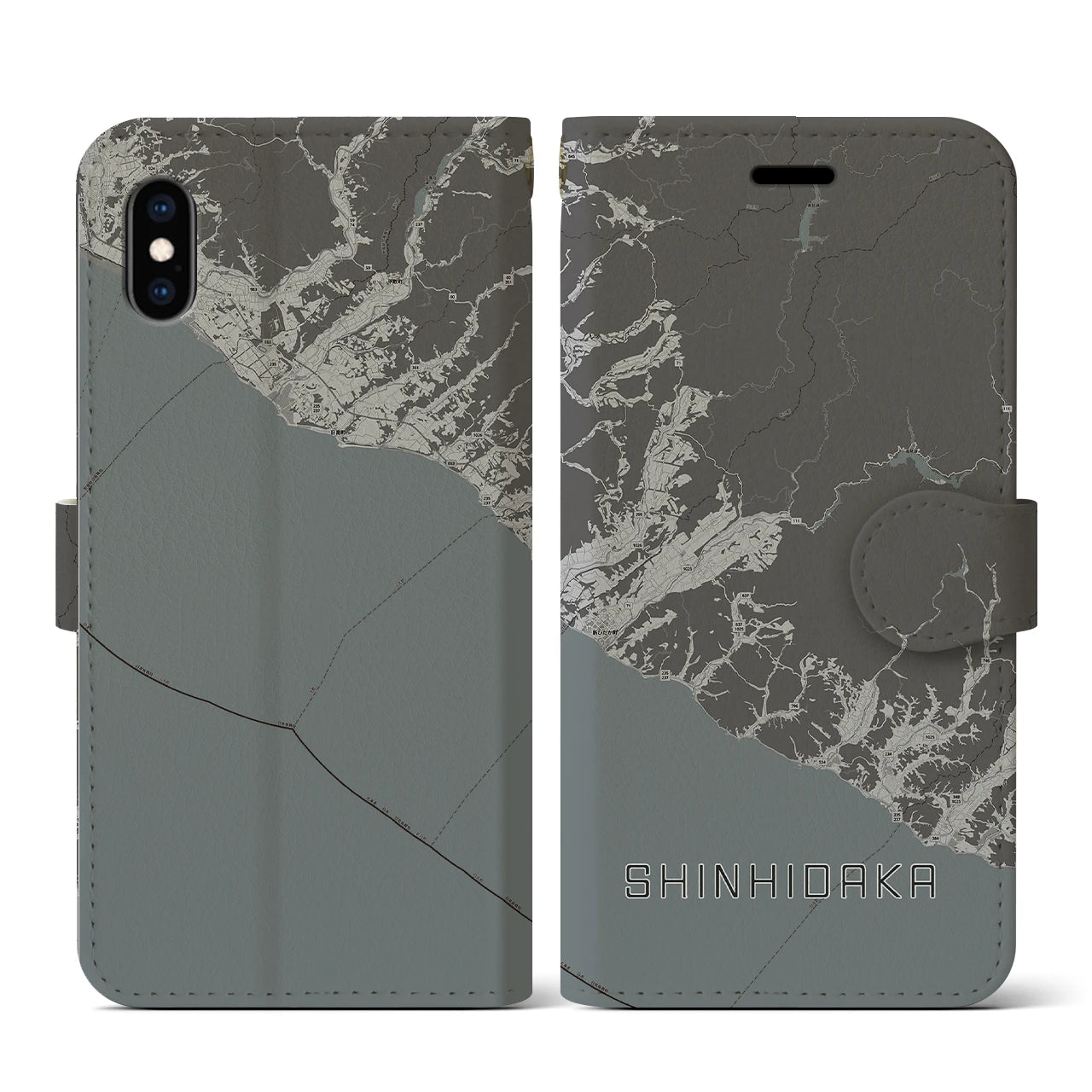 【新ひだか(北海道)】地図柄iPhoneケース(手帳タイプ)モノトーン・iPhone XS / X 用