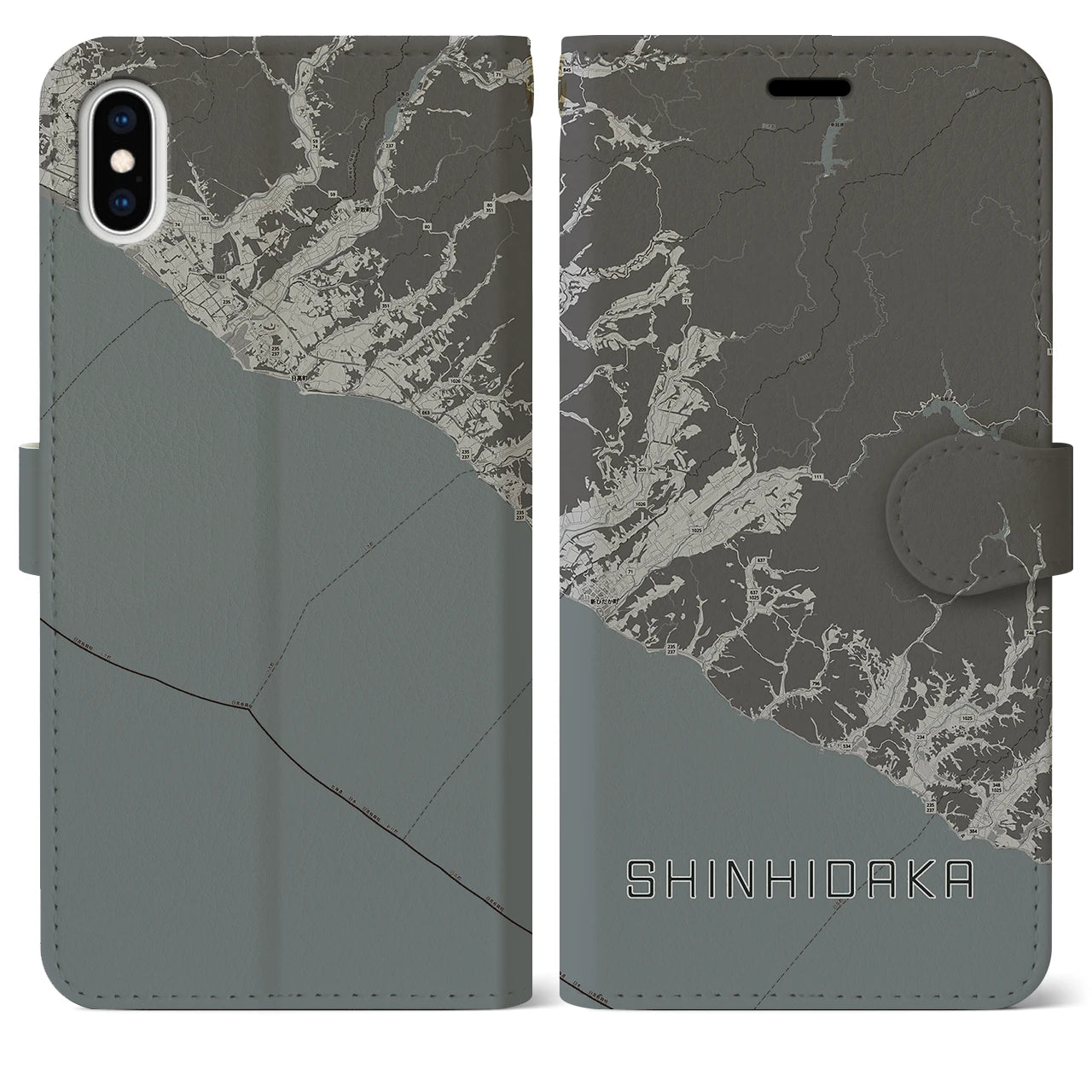【新ひだか(北海道)】地図柄iPhoneケース(手帳タイプ)モノトーン・iPhone XS Max 用