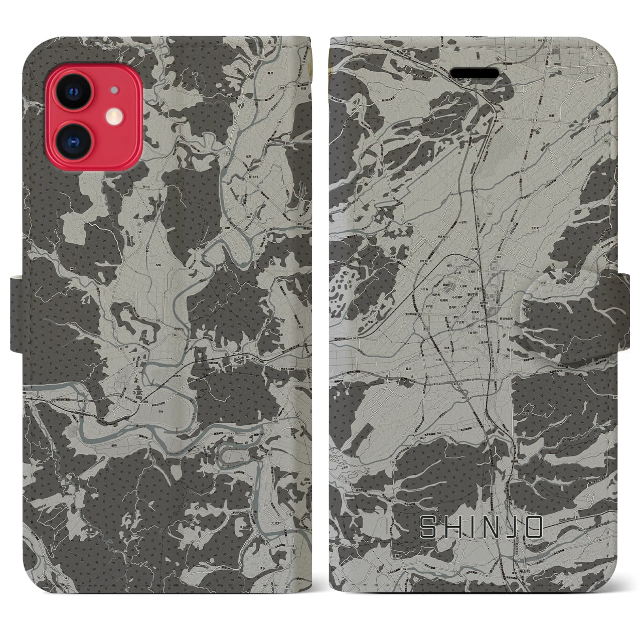 【新庄(山形県)】地図柄iPhoneケース(手帳タイプ)モノトーン・iPhone 11 用