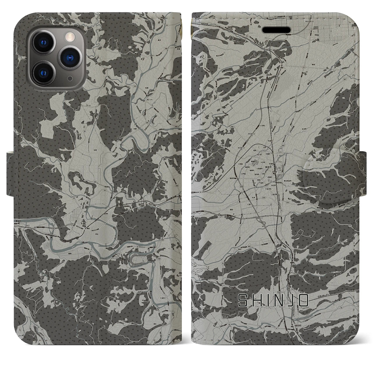 【新庄(山形県)】地図柄iPhoneケース(手帳タイプ)モノトーン・iPhone 11 Pro Max 用