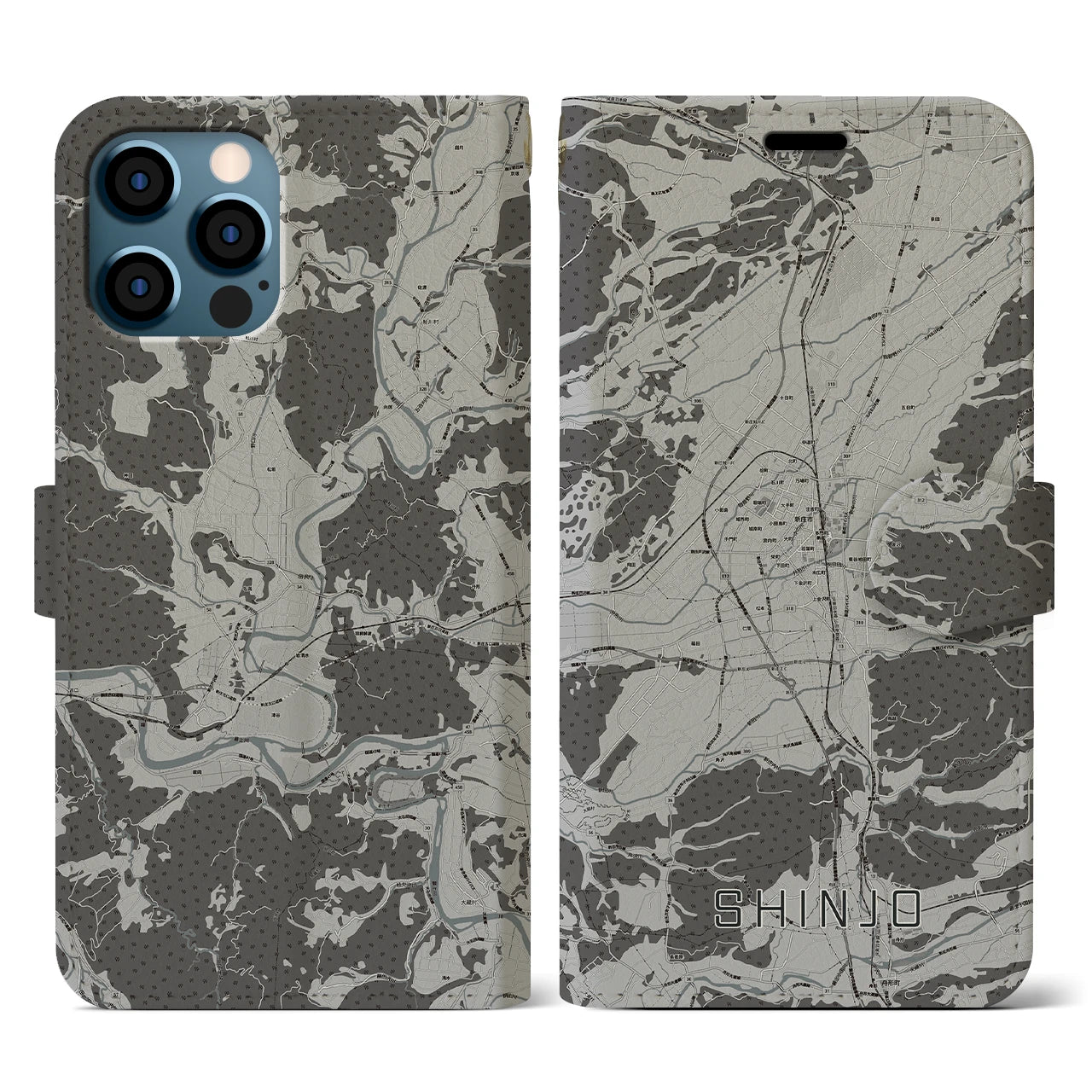 【新庄(山形県)】地図柄iPhoneケース(手帳タイプ)モノトーン・iPhone 12 / 12 Pro 用