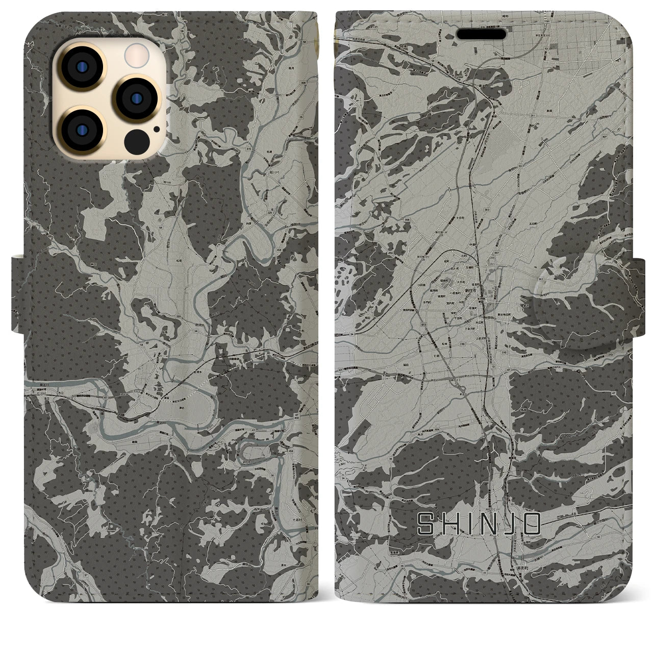【新庄(山形県)】地図柄iPhoneケース(手帳タイプ)モノトーン・iPhone 12 Pro Max 用