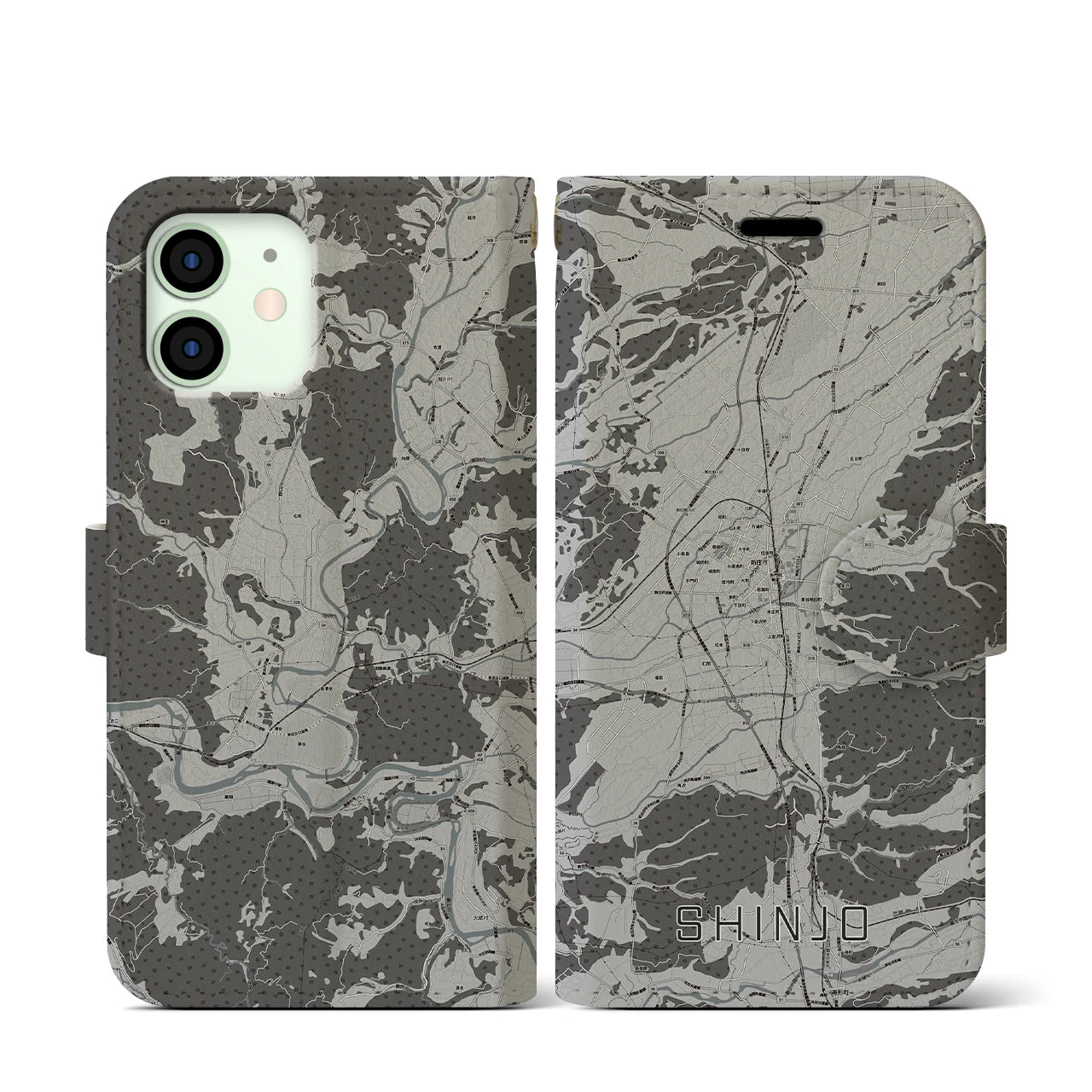 【新庄(山形県)】地図柄iPhoneケース(手帳タイプ)モノトーン・iPhone 12 mini 用