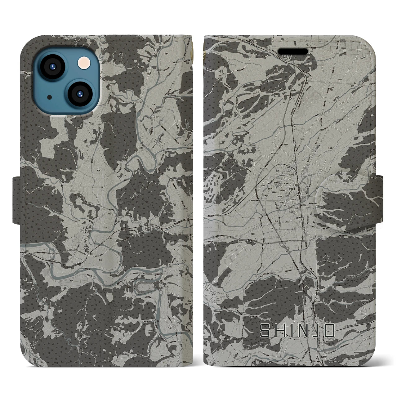 【新庄(山形県)】地図柄iPhoneケース(手帳タイプ)モノトーン・iPhone 13 用