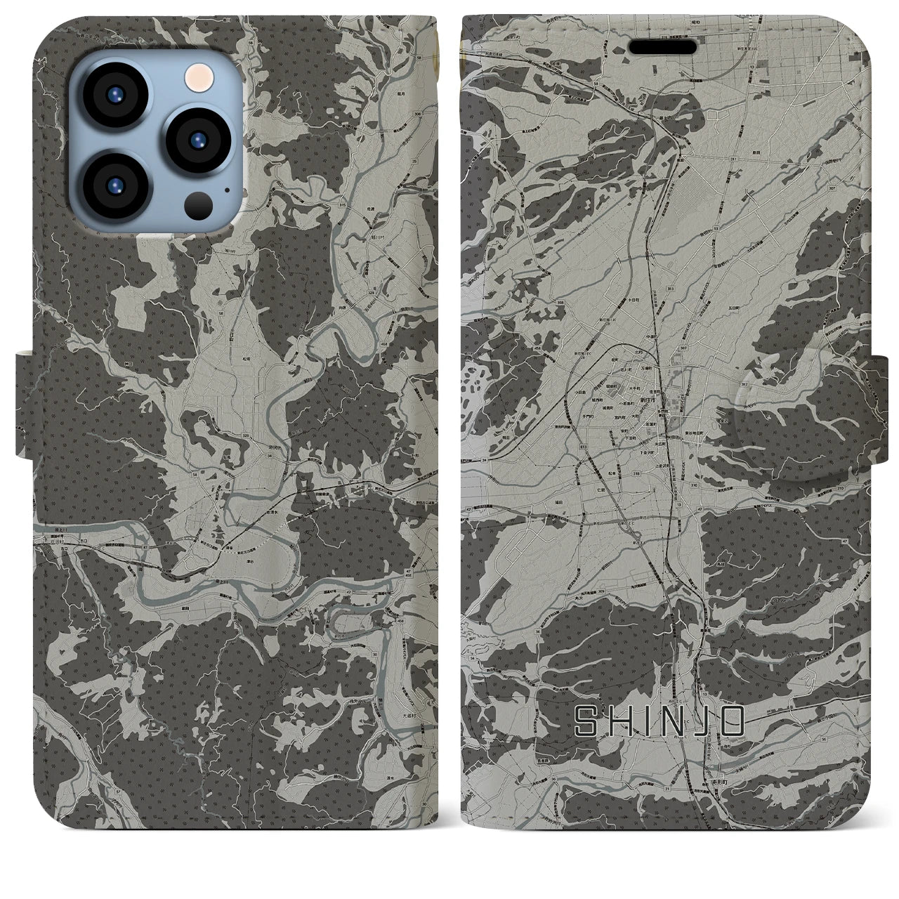 【新庄(山形県)】地図柄iPhoneケース(手帳タイプ)モノトーン・iPhone 13 Pro Max 用