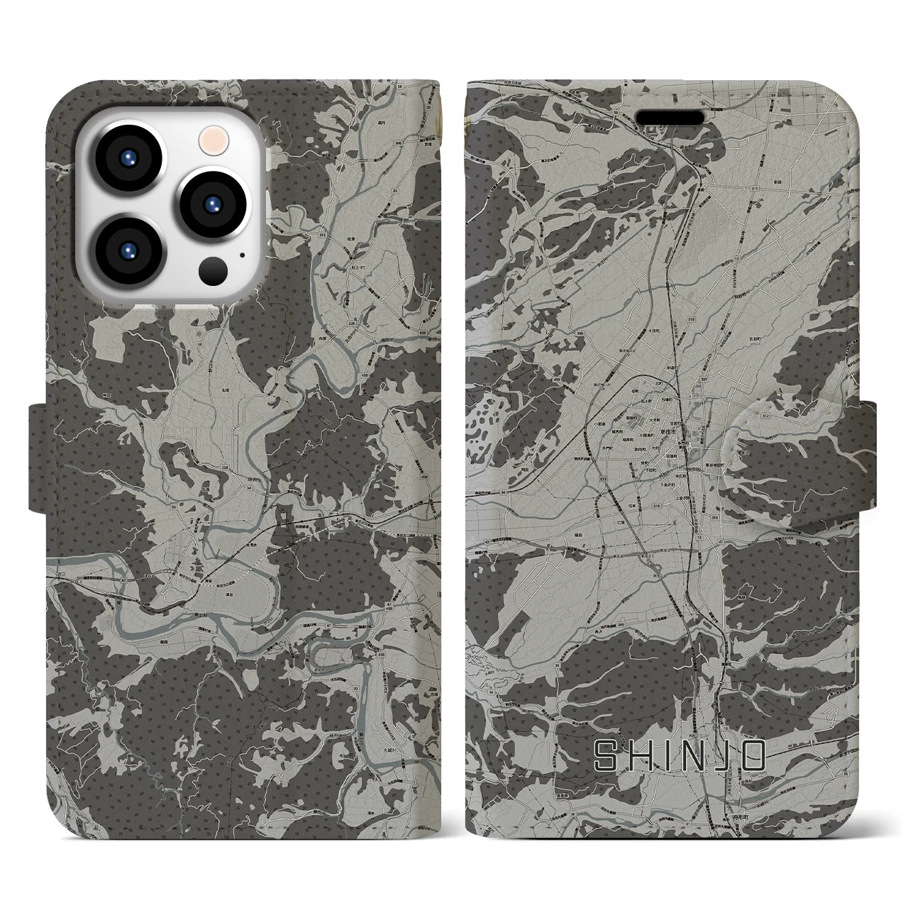 【新庄(山形県)】地図柄iPhoneケース(手帳タイプ)モノトーン・iPhone 13 Pro 用