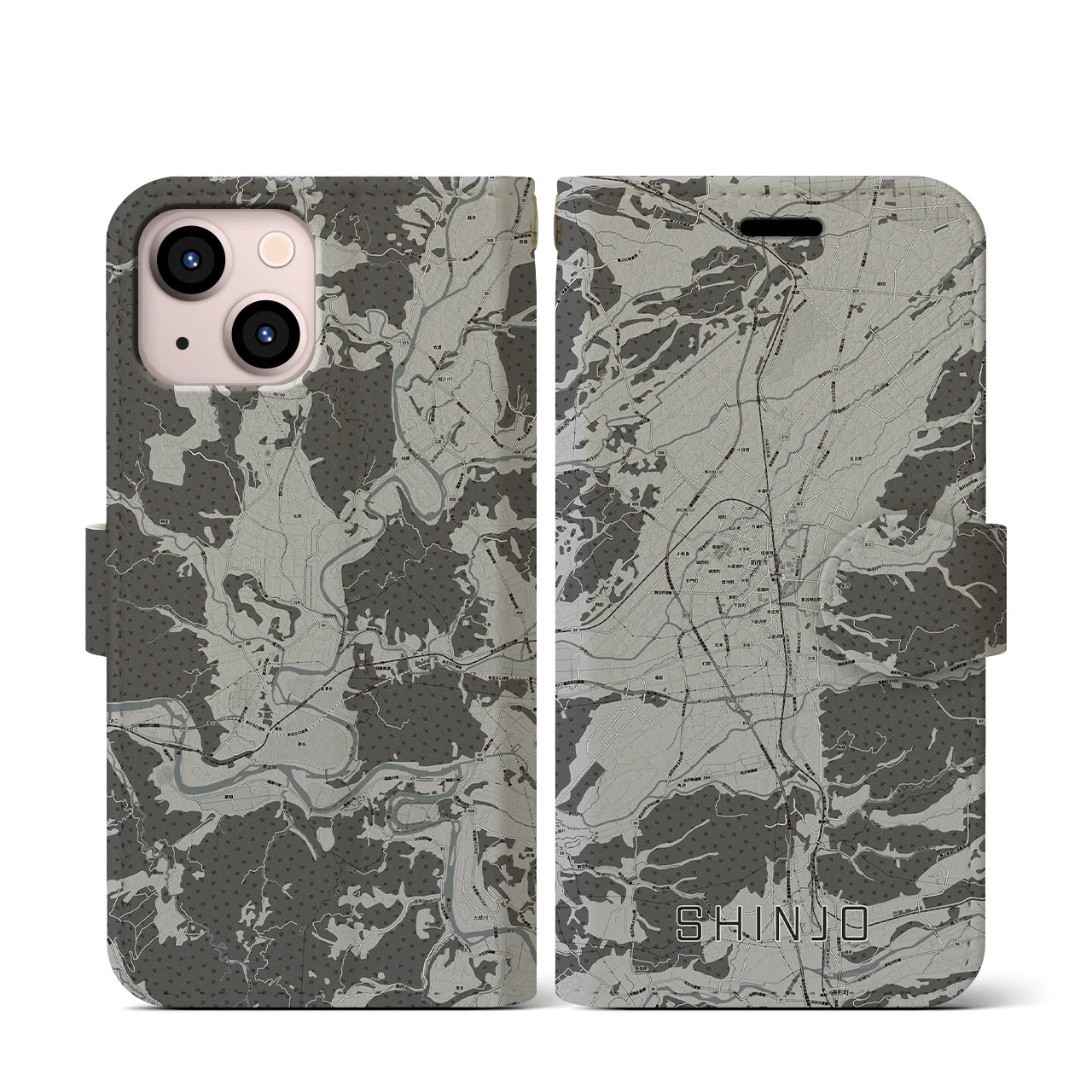 【新庄(山形県)】地図柄iPhoneケース(手帳タイプ)モノトーン・iPhone 13 mini 用