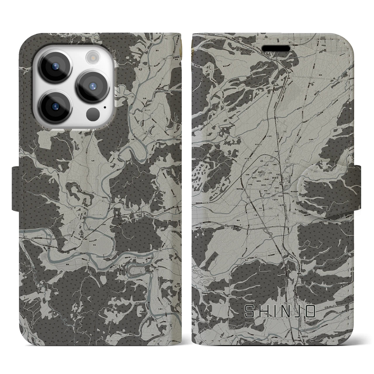 【新庄(山形県)】地図柄iPhoneケース(手帳タイプ)モノトーン・iPhone 14 Pro 用