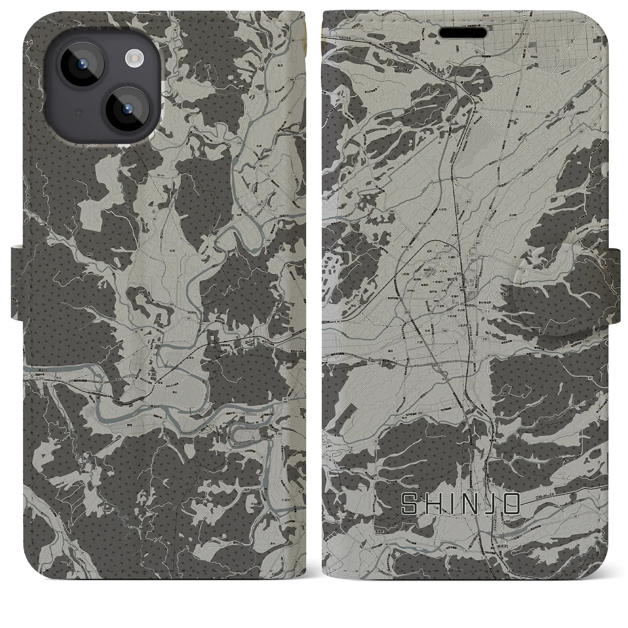 【新庄(山形県)】地図柄iPhoneケース(手帳タイプ)モノトーン・iPhone 14 Plus 用