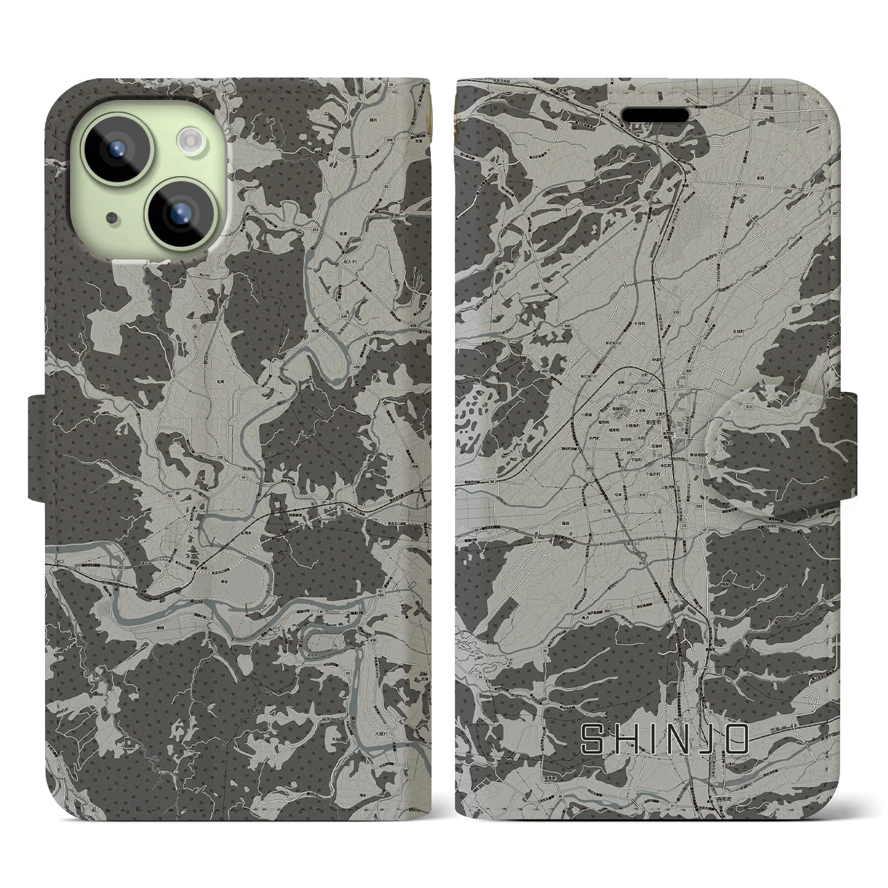 【新庄(山形県)】地図柄iPhoneケース(手帳タイプ)モノトーン・iPhone 15 用