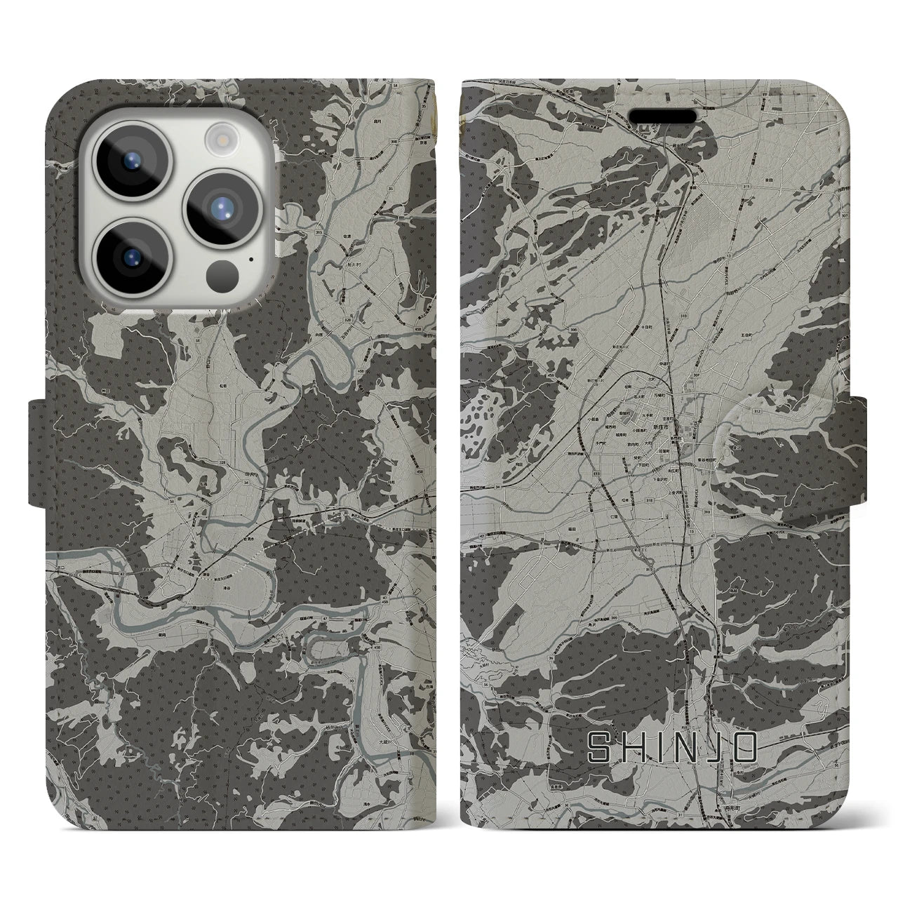 【新庄(山形県)】地図柄iPhoneケース(手帳タイプ)モノトーン・iPhone 15 Pro 用