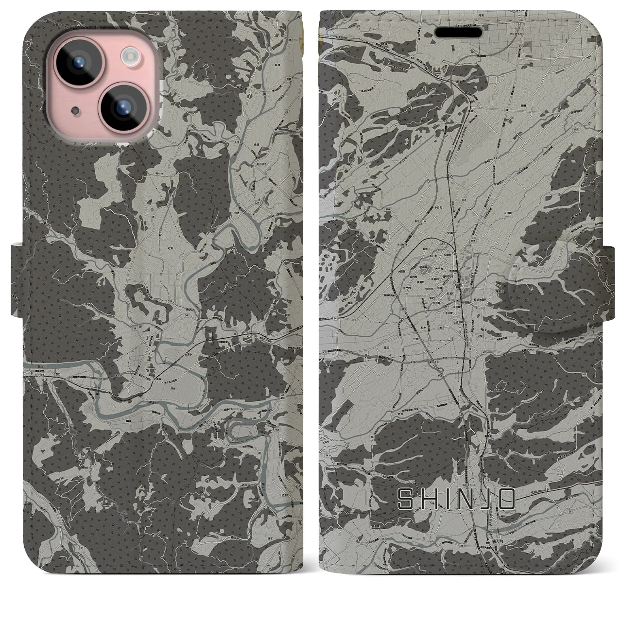 【新庄(山形県)】地図柄iPhoneケース(手帳タイプ)モノトーン・iPhone 15 Plus 用