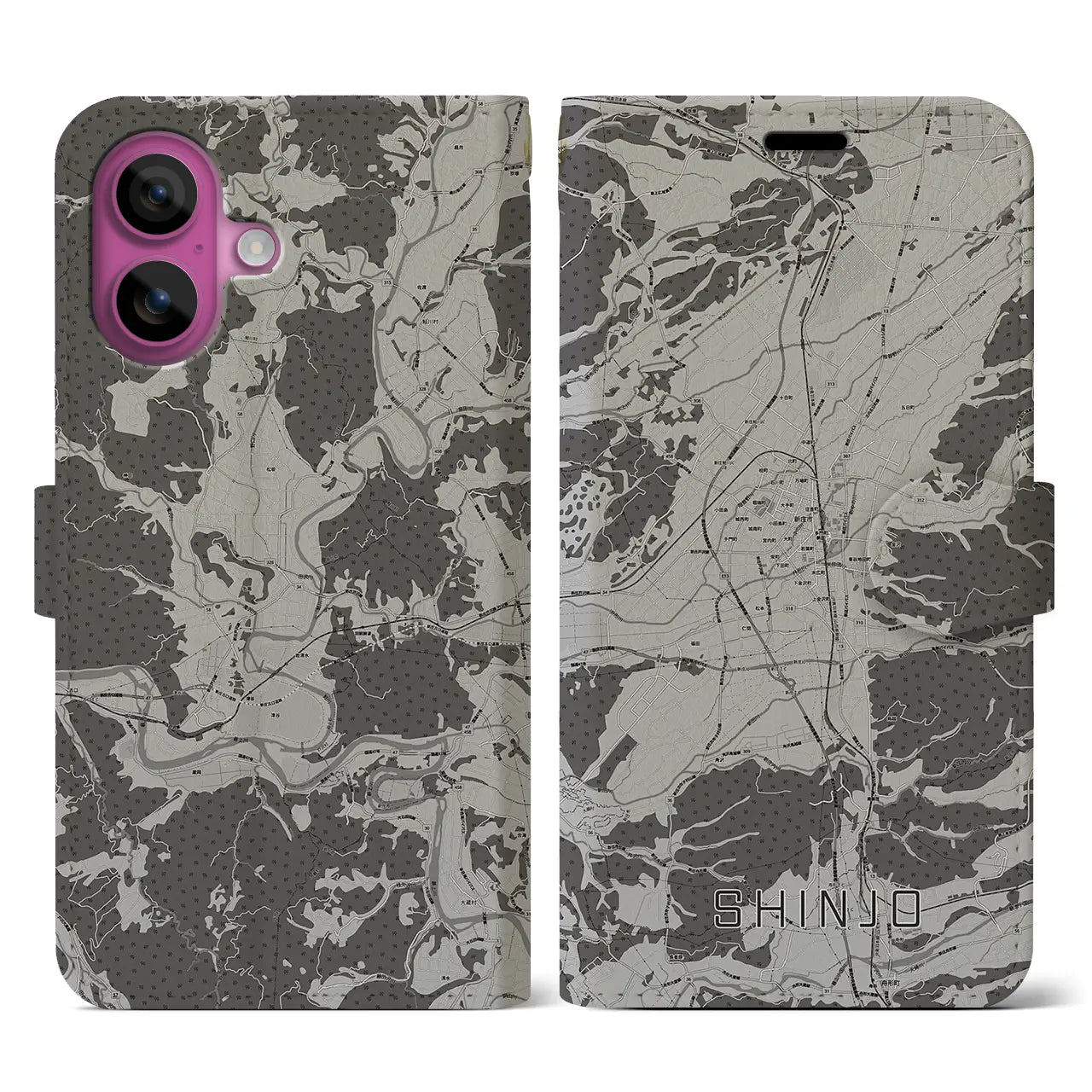 【新庄(山形県)】地図柄iPhoneケース(手帳タイプ)モノトーン・iPhone 16 Pro 用