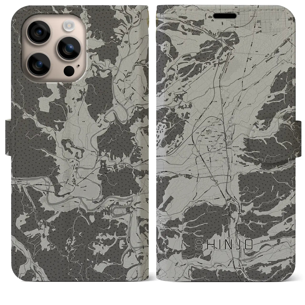 【新庄(山形県)】地図柄iPhoneケース(手帳タイプ)モノトーン・iPhone 16 Plus 用