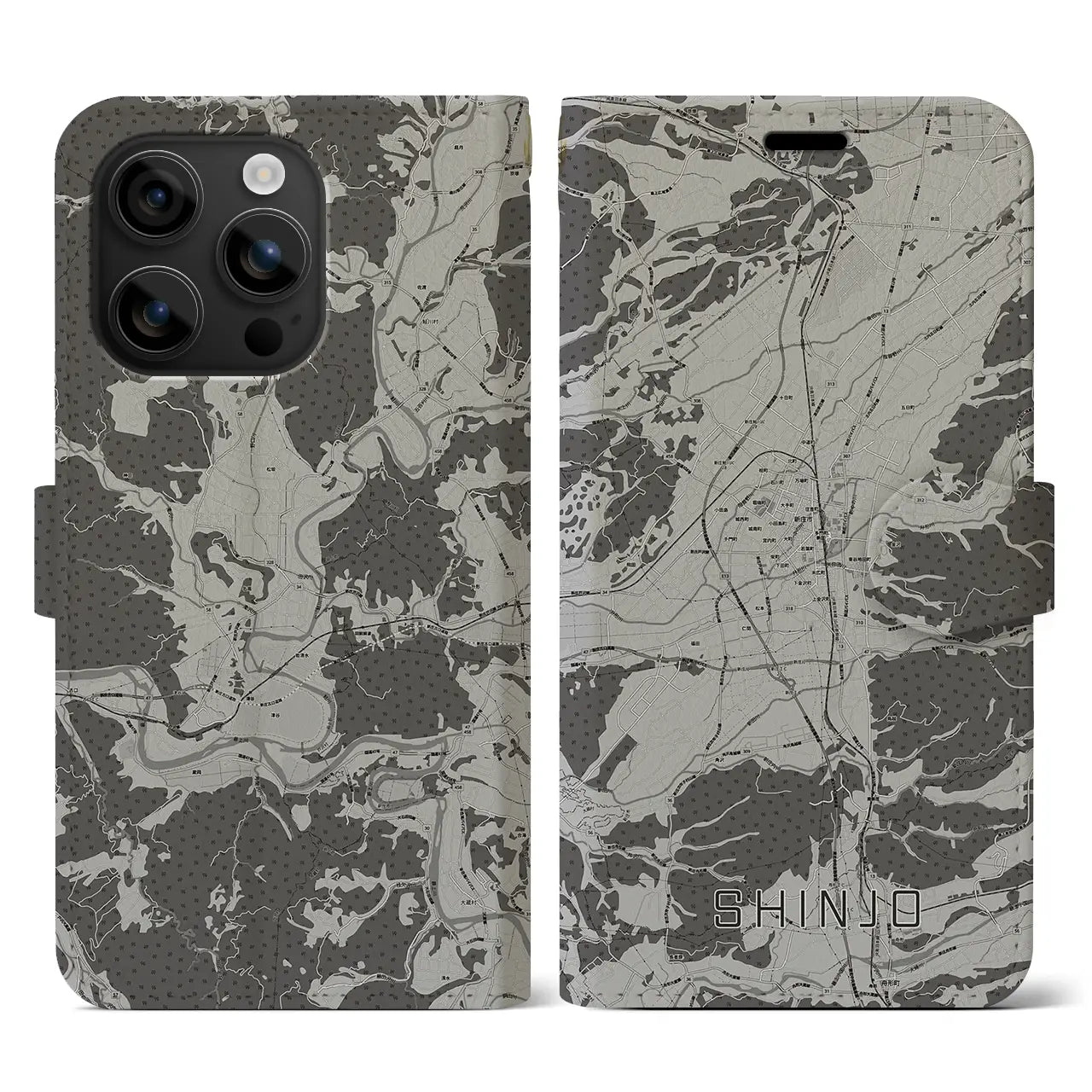 【新庄(山形県)】地図柄iPhoneケース(手帳タイプ)モノトーン・iPhone 16 用