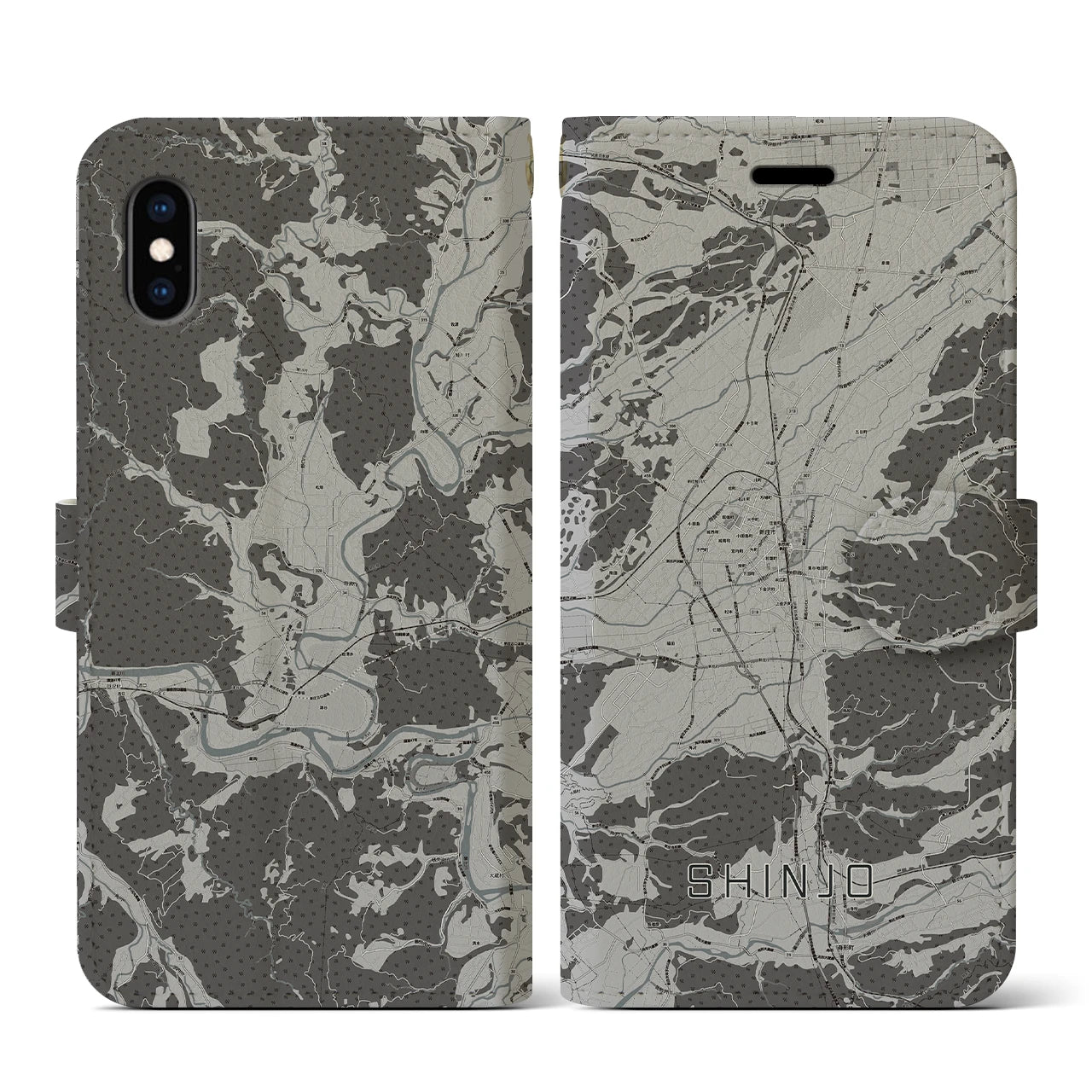 【新庄(山形県)】地図柄iPhoneケース(手帳タイプ)モノトーン・iPhone XS / X 用