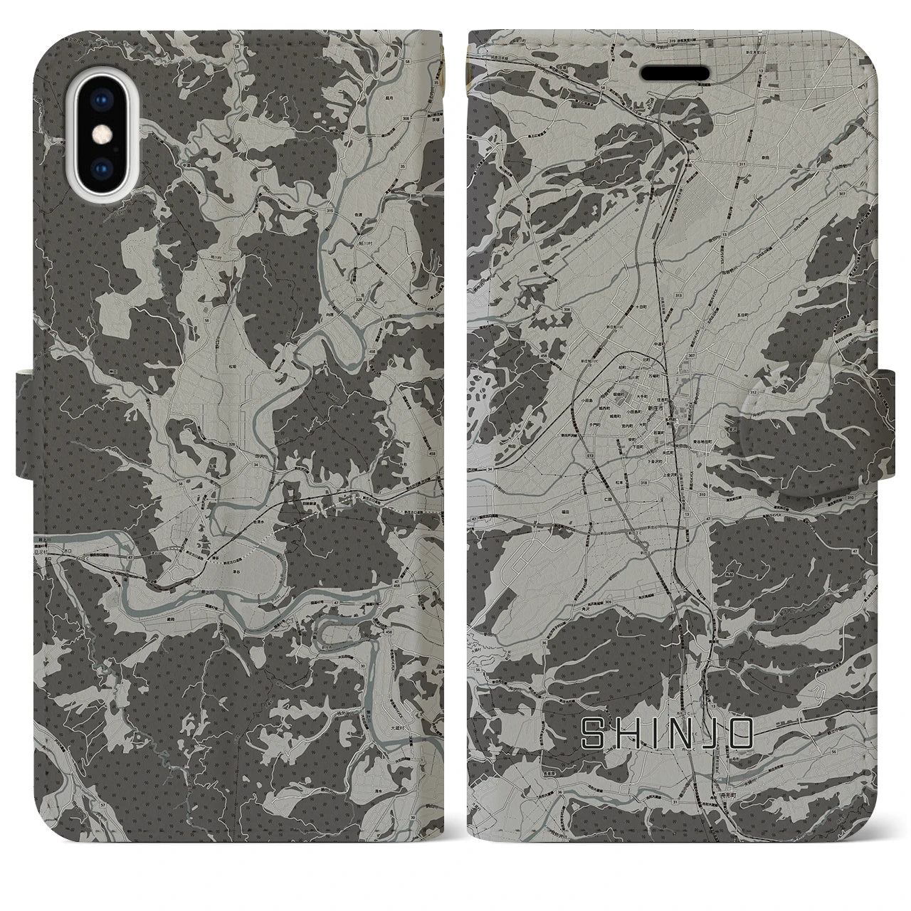 【新庄(山形県)】地図柄iPhoneケース(手帳タイプ)モノトーン・iPhone XS Max 用