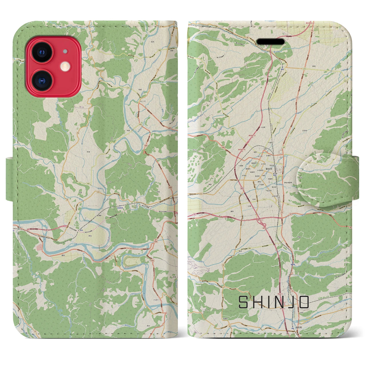 【新庄(山形県)】地図柄iPhoneケース(手帳タイプ)ナチュラル・iPhone 11 用