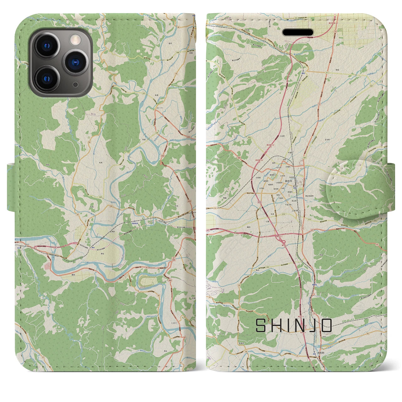 【新庄(山形県)】地図柄iPhoneケース(手帳タイプ)ナチュラル・iPhone 11 Pro Max 用