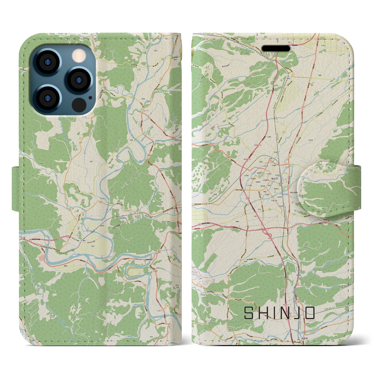 【新庄(山形県)】地図柄iPhoneケース(手帳タイプ)ナチュラル・iPhone 12 / 12 Pro 用