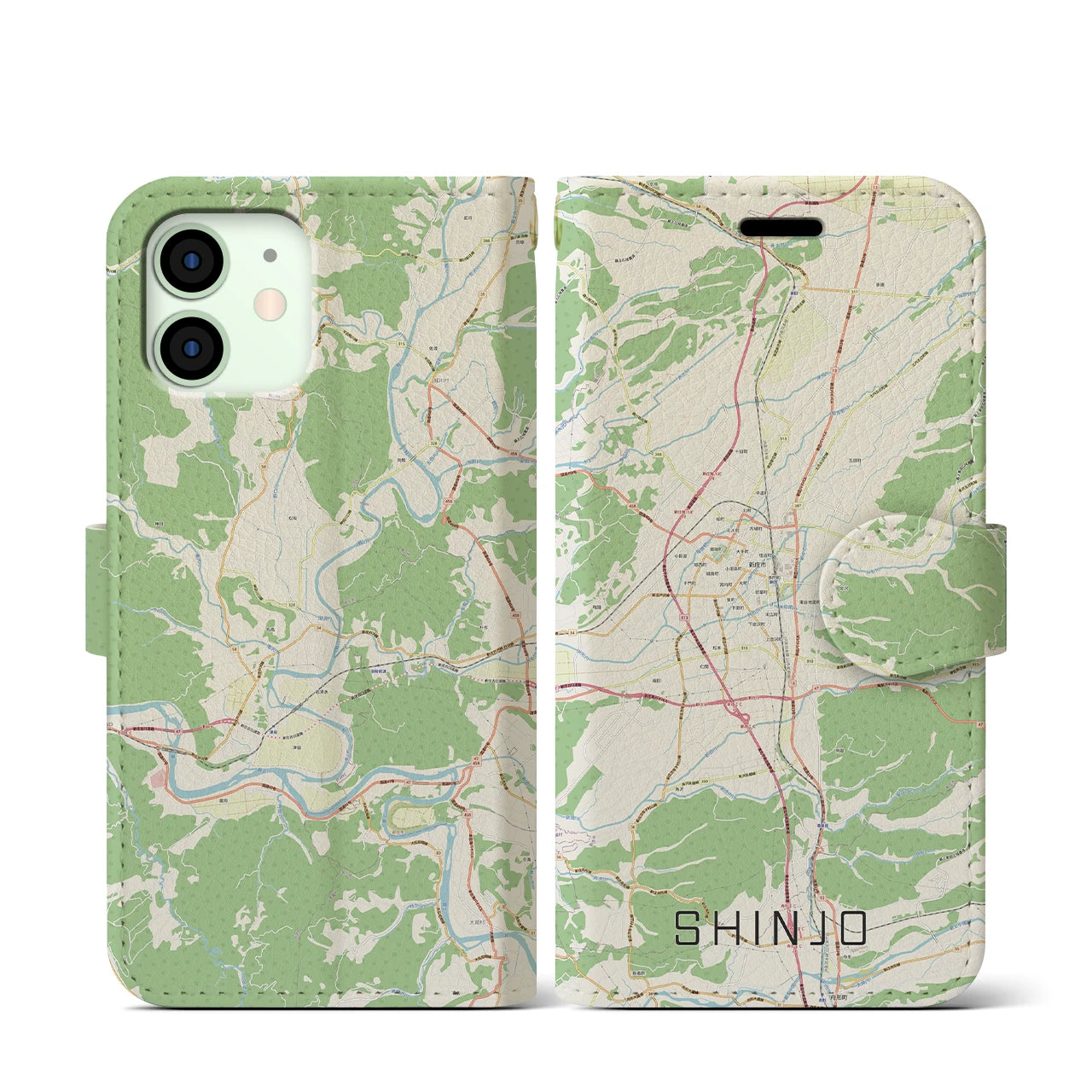 【新庄(山形県)】地図柄iPhoneケース(手帳タイプ)ナチュラル・iPhone 12 mini 用