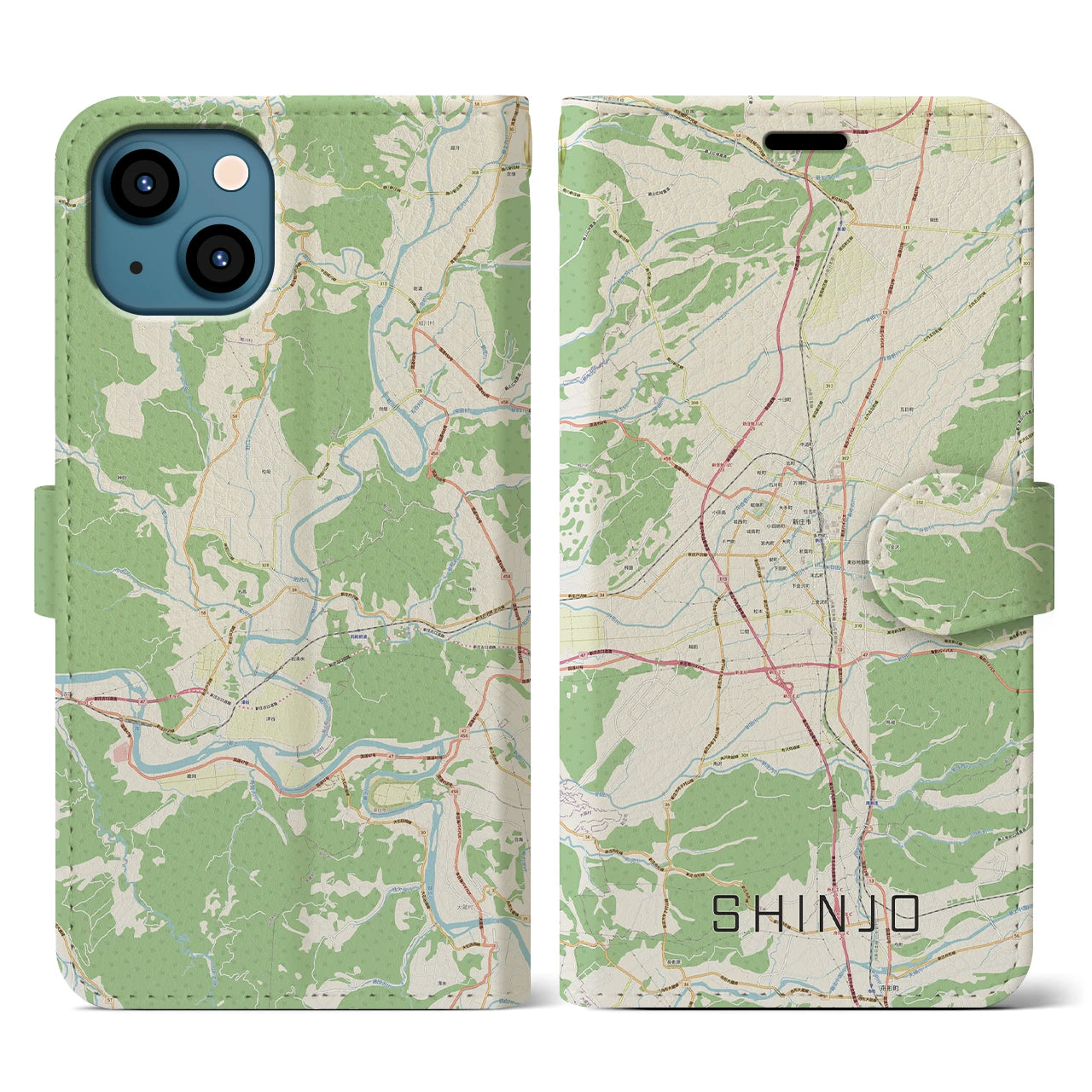 【新庄(山形県)】地図柄iPhoneケース(手帳タイプ)ナチュラル・iPhone 13 用