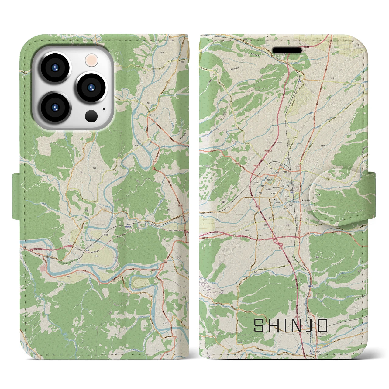【新庄(山形県)】地図柄iPhoneケース(手帳タイプ)ナチュラル・iPhone 13 Pro 用