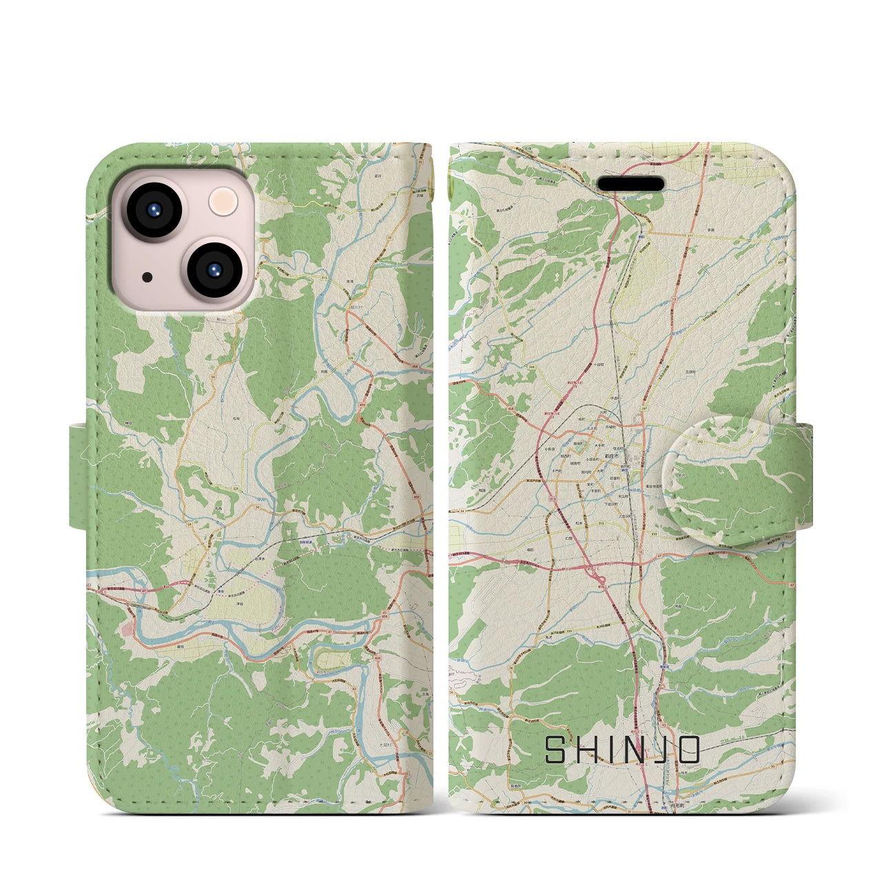 【新庄(山形県)】地図柄iPhoneケース(手帳タイプ)ナチュラル・iPhone 13 mini 用