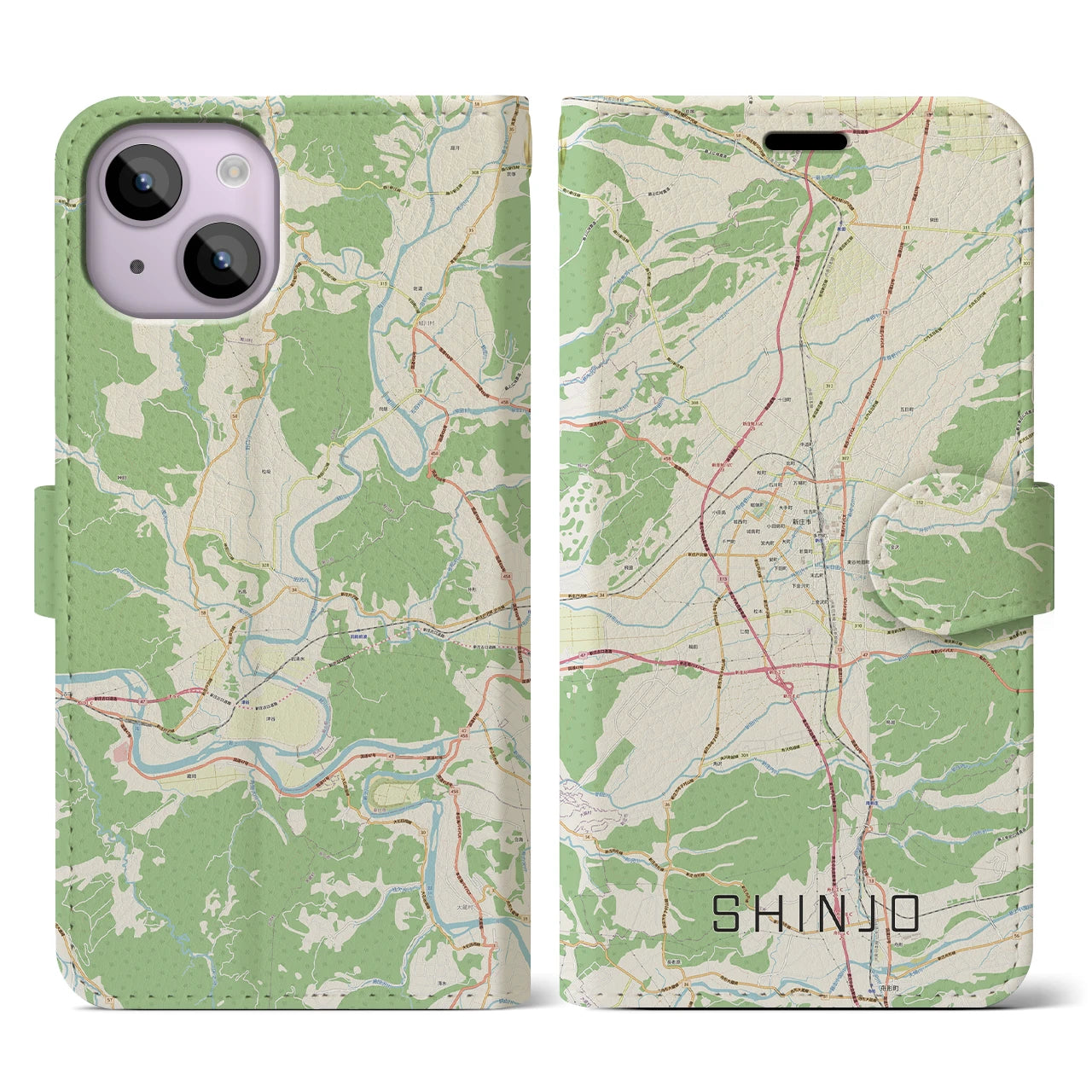 【新庄(山形県)】地図柄iPhoneケース(手帳タイプ)ナチュラル・iPhone 14 用