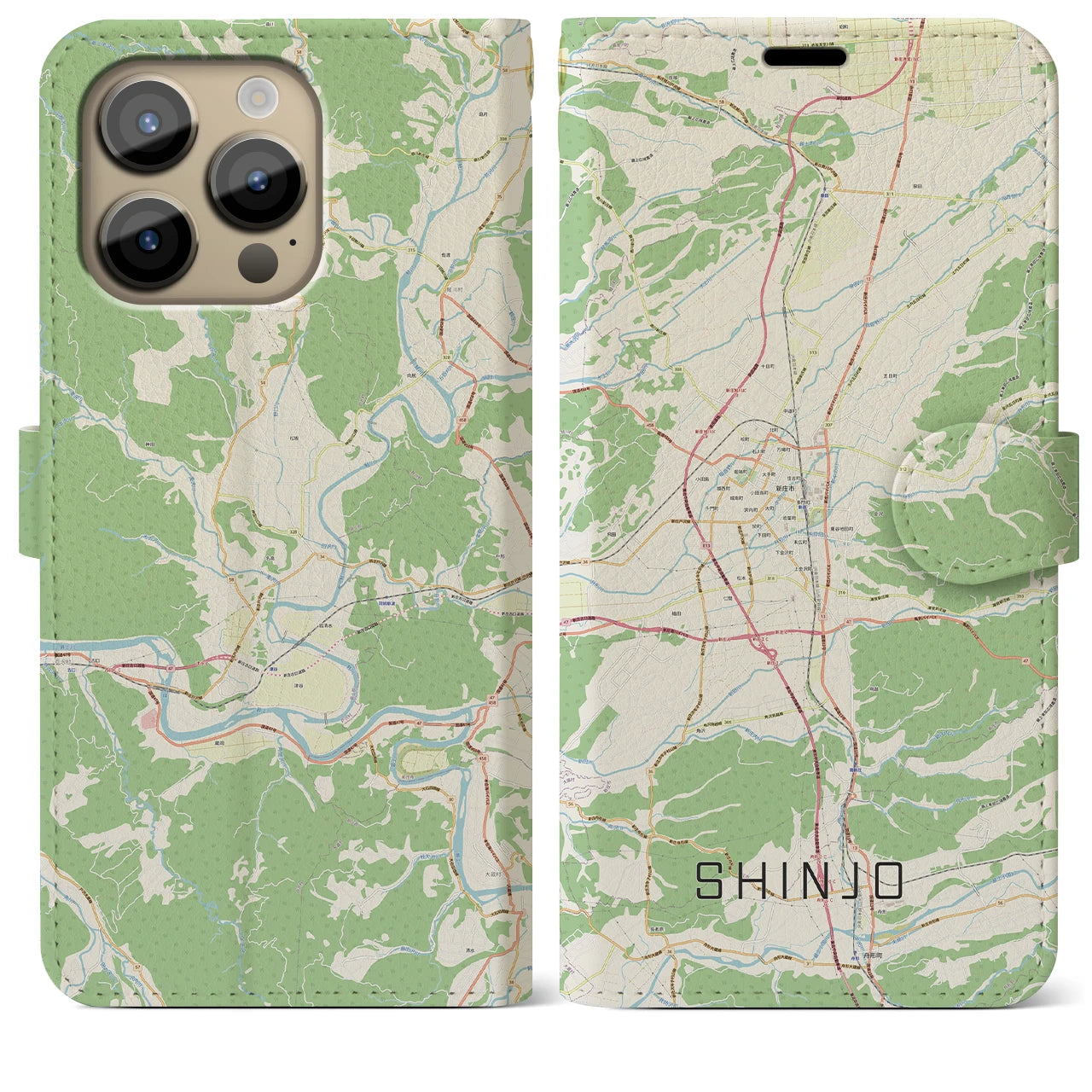 【新庄(山形県)】地図柄iPhoneケース(手帳タイプ)ナチュラル・iPhone 14 Pro Max 用