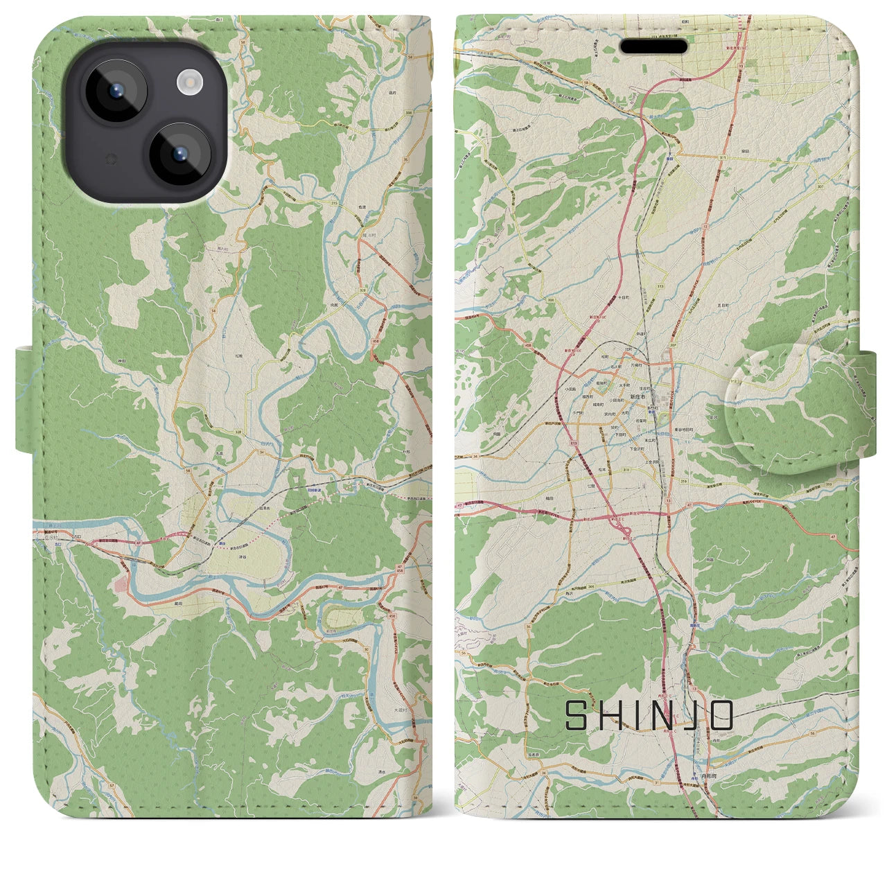 【新庄(山形県)】地図柄iPhoneケース(手帳タイプ)ナチュラル・iPhone 14 Plus 用