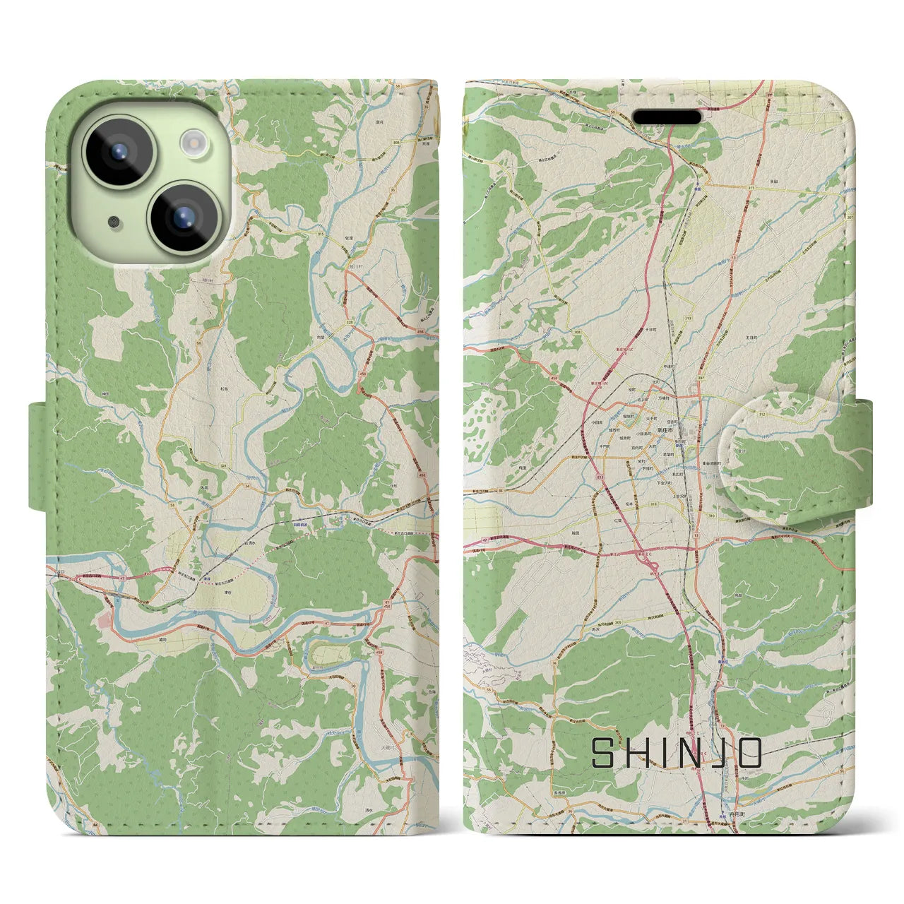【新庄(山形県)】地図柄iPhoneケース(手帳タイプ)ナチュラル・iPhone 15 用