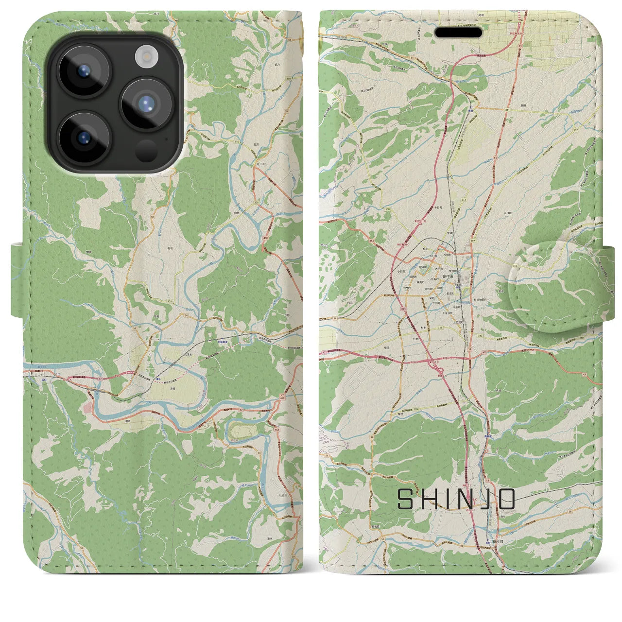【新庄(山形県)】地図柄iPhoneケース(手帳タイプ)ナチュラル・iPhone 15 Pro Max 用