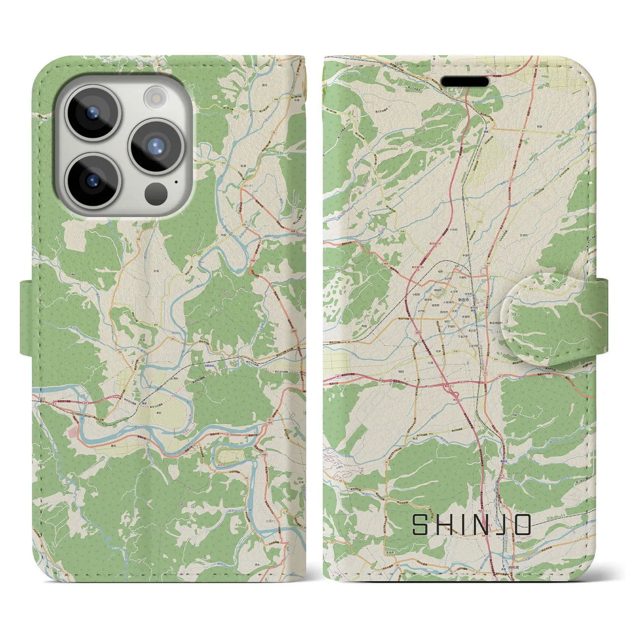 【新庄(山形県)】地図柄iPhoneケース(手帳タイプ)ナチュラル・iPhone 15 Pro 用
