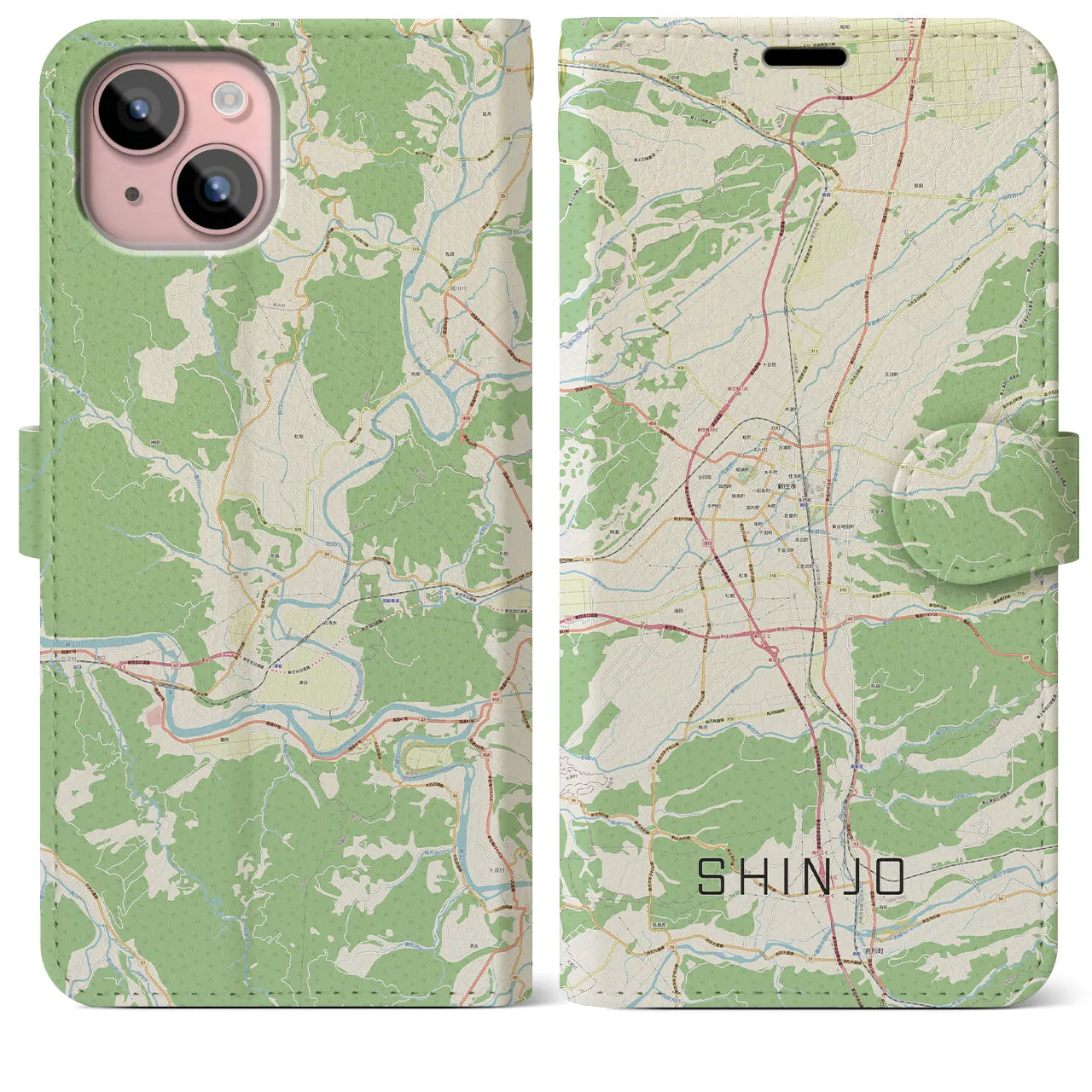 【新庄(山形県)】地図柄iPhoneケース(手帳タイプ)ナチュラル・iPhone 15 Plus 用